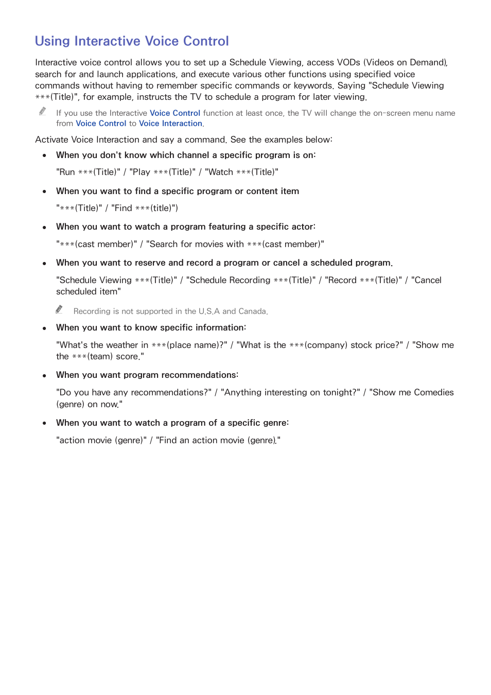111 using interactive voice control, Using interactive voice control | Samsung UN78HU9000FXZA User Manual | Page 117 / 244