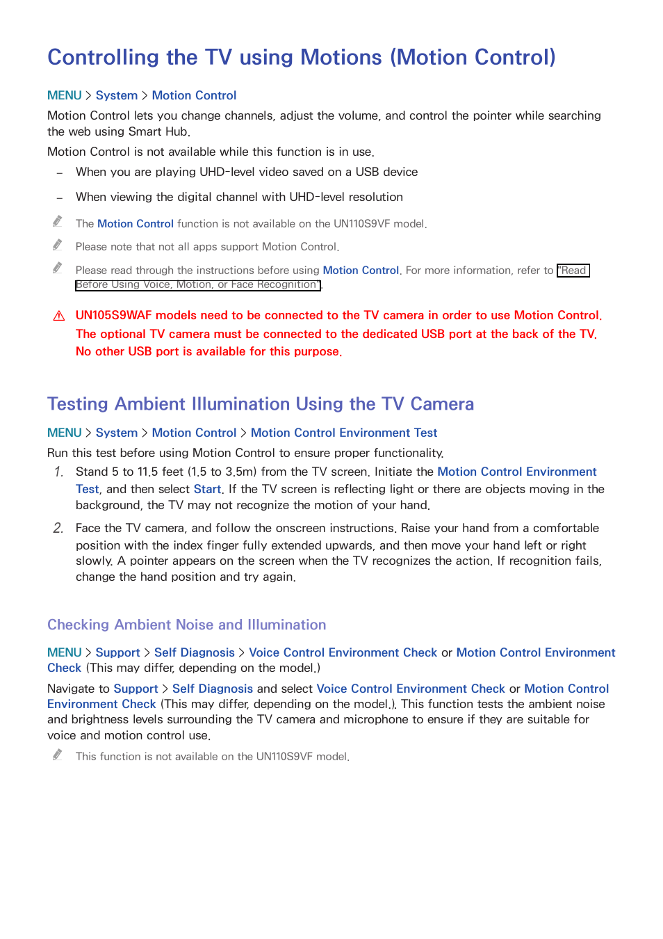 Controlling the tv using motions (motion control), Testing ambient illumination using the tv camera | Samsung UN78HU9000FXZA User Manual | Page 119 / 244