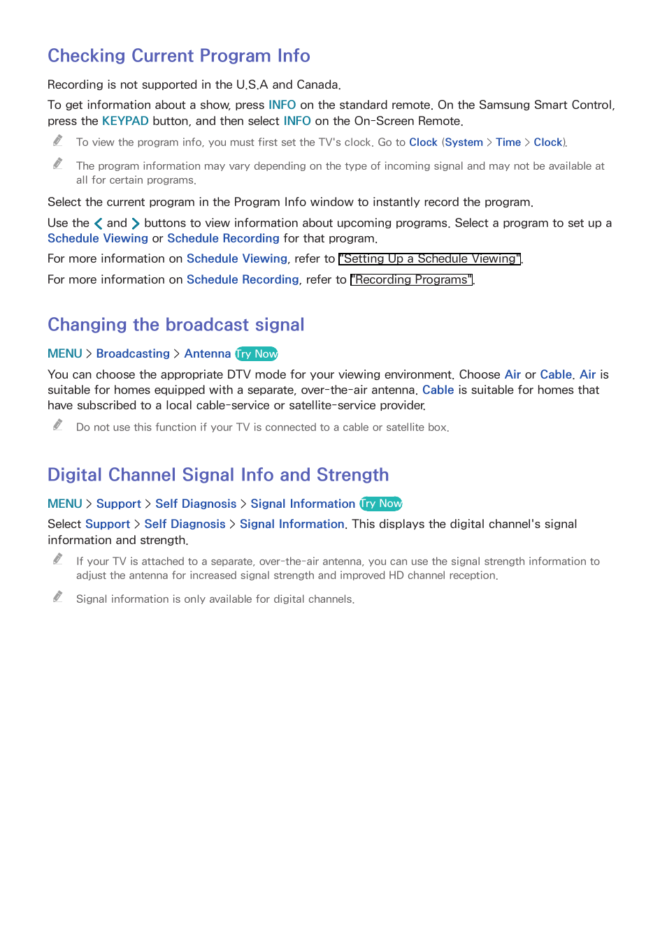 124 checking current program info, 124 changing the broadcast signal, 124 digital channel signal info and strength | Checking current program info, Changing the broadcast signal, Digital channel signal info and strength | Samsung UN78HU9000FXZA User Manual | Page 130 / 244