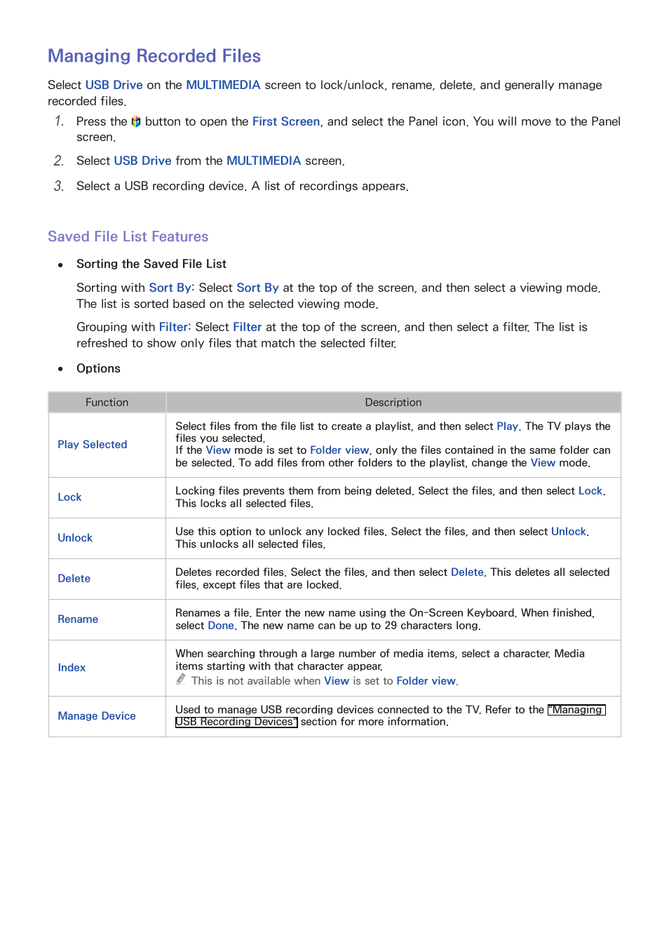 133 managing recorded files, Managing recorded files, Saved file list features | Samsung UN78HU9000FXZA User Manual | Page 139 / 244