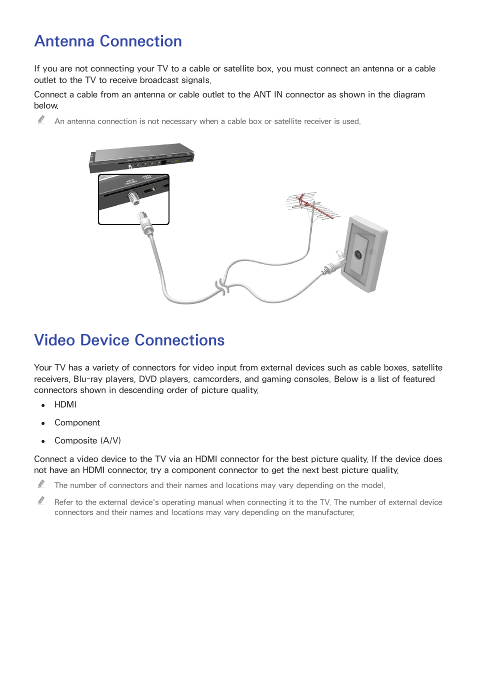 Connecting antenna and external devices, Antenna connection, Video device connections | Samsung UN78HU9000FXZA User Manual | Page 14 / 244