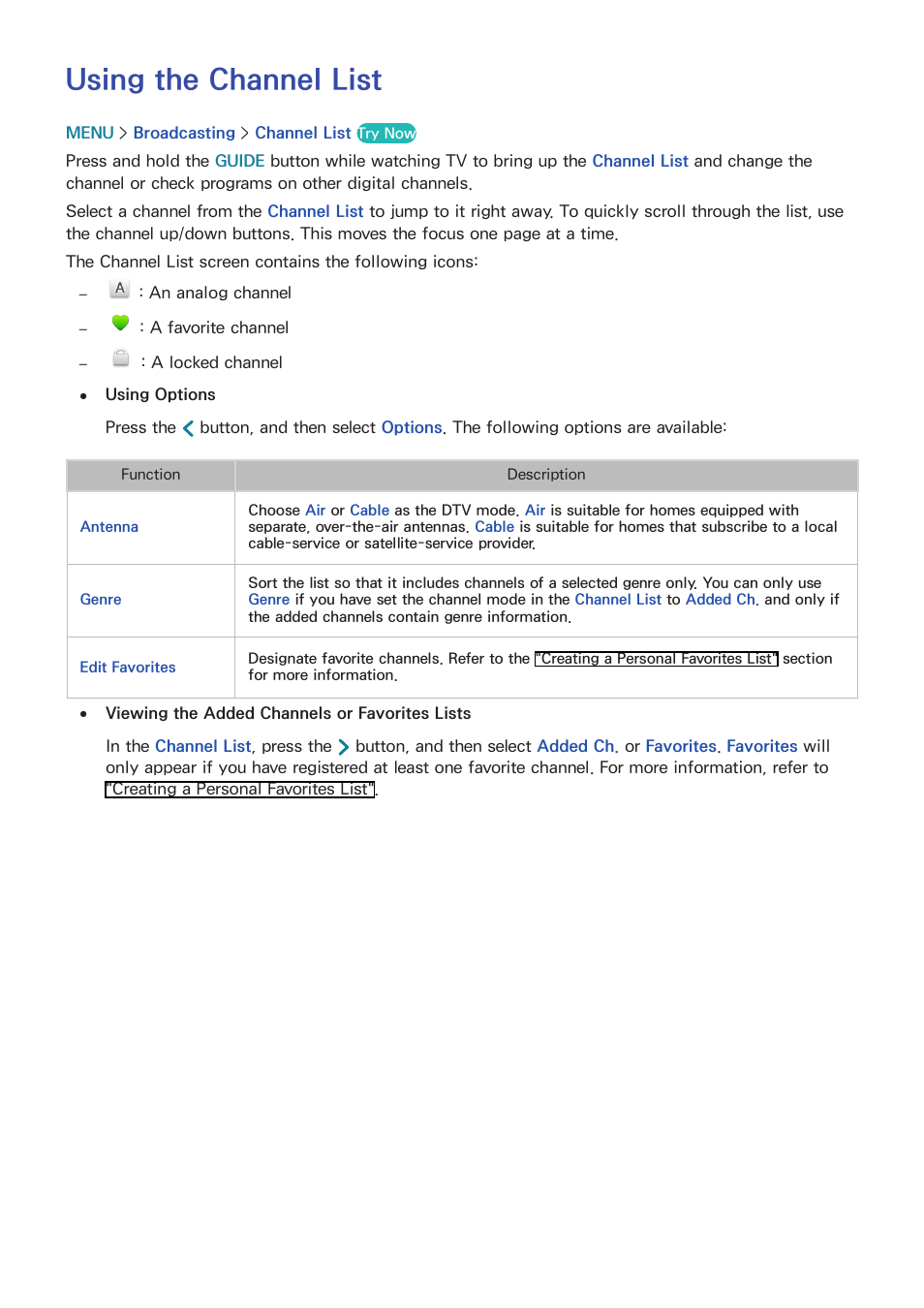 Using the channel list | Samsung UN78HU9000FXZA User Manual | Page 144 / 244