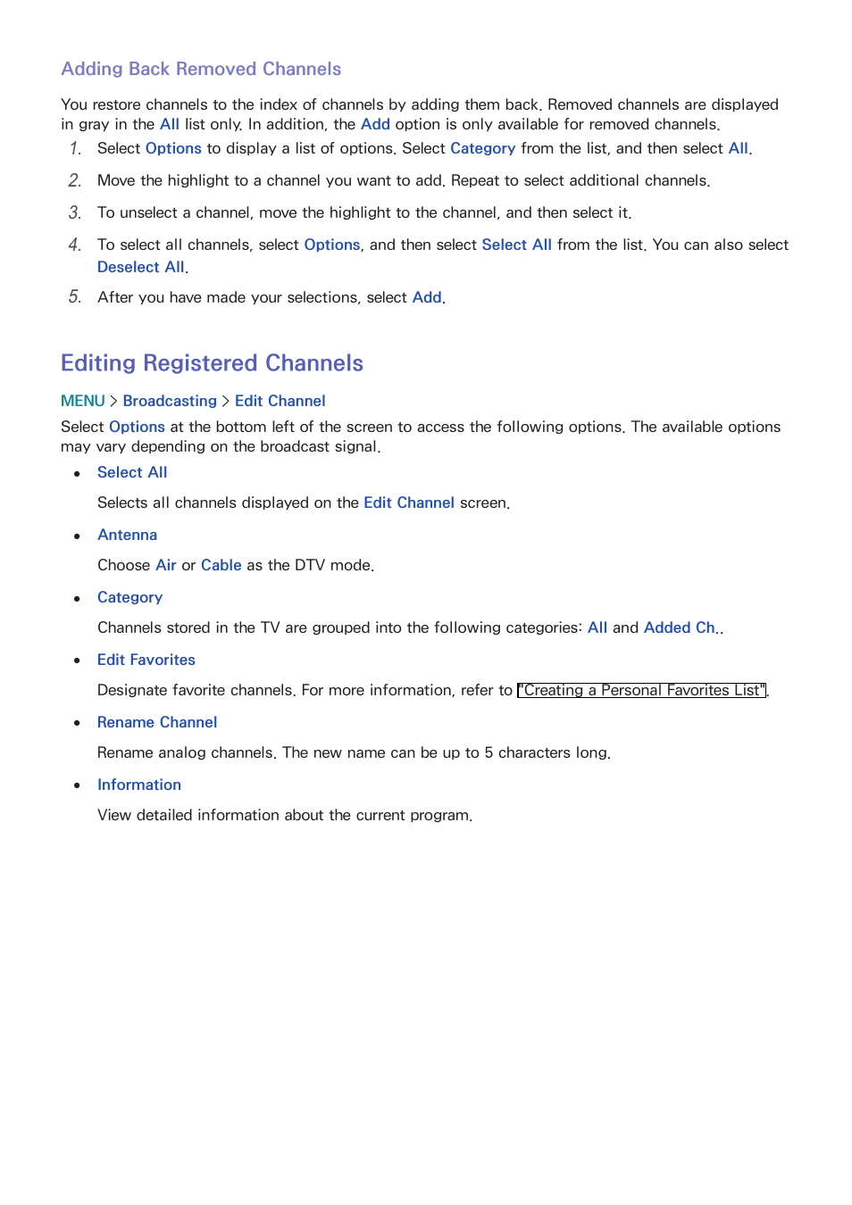 140 editing registered channels, Editing registered channels | Samsung UN78HU9000FXZA User Manual | Page 146 / 244