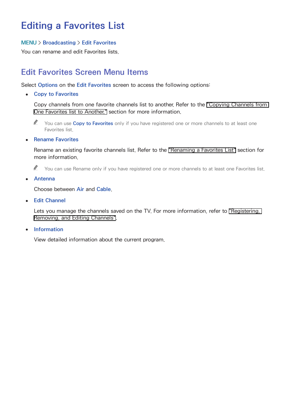 Editing a favorites list, 146 edit favorites screen menu items, Edit favorites screen menu items | Samsung UN78HU9000FXZA User Manual | Page 152 / 244