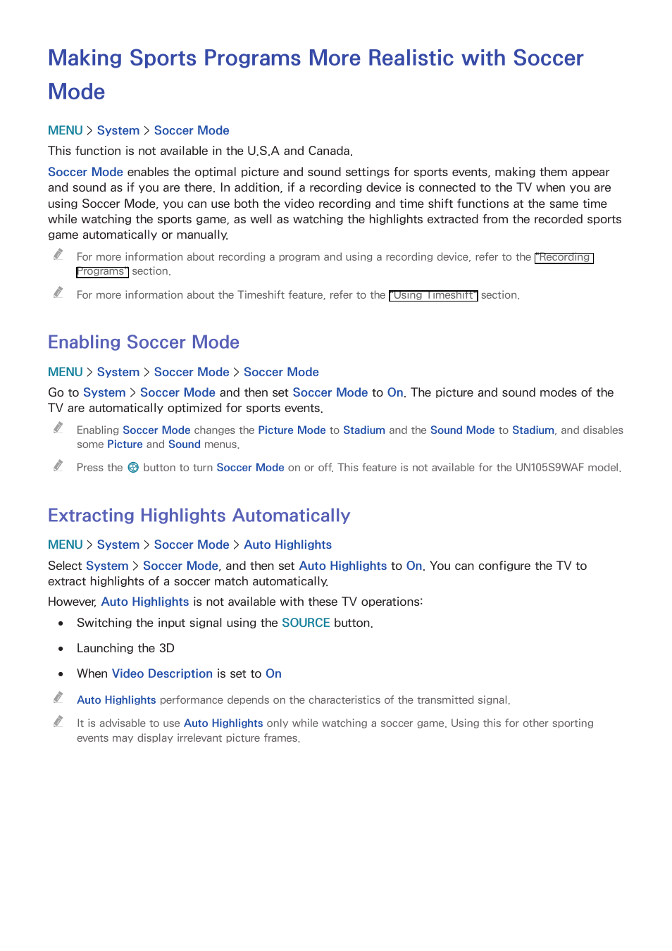149 enabling soccer mode, 149 extracting highlights automatically, Enabling soccer mode | Extracting highlights automatically | Samsung UN78HU9000FXZA User Manual | Page 155 / 244