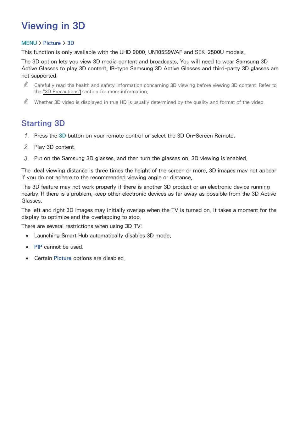 Viewing in 3d, 163 starting 3d, Starting 3d | Samsung UN78HU9000FXZA User Manual | Page 169 / 244
