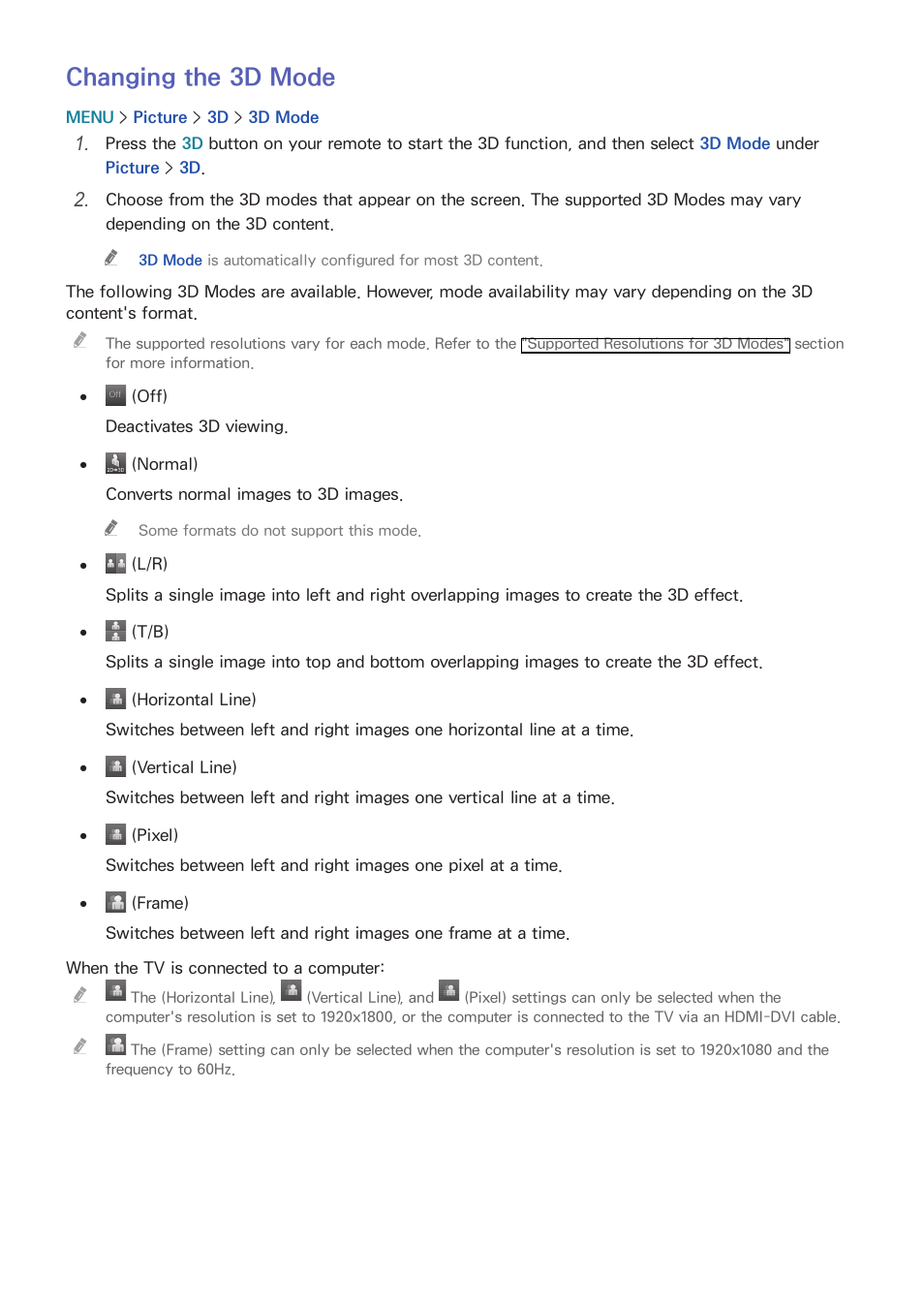 164 changing the 3d mode, Changing the 3d mode | Samsung UN78HU9000FXZA User Manual | Page 170 / 244