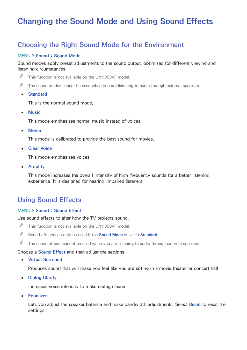 Changing the sound mode and using sound effects, 170 using sound effects, Choosing the right sound mode for the environment | Using sound effects | Samsung UN78HU9000FXZA User Manual | Page 176 / 244