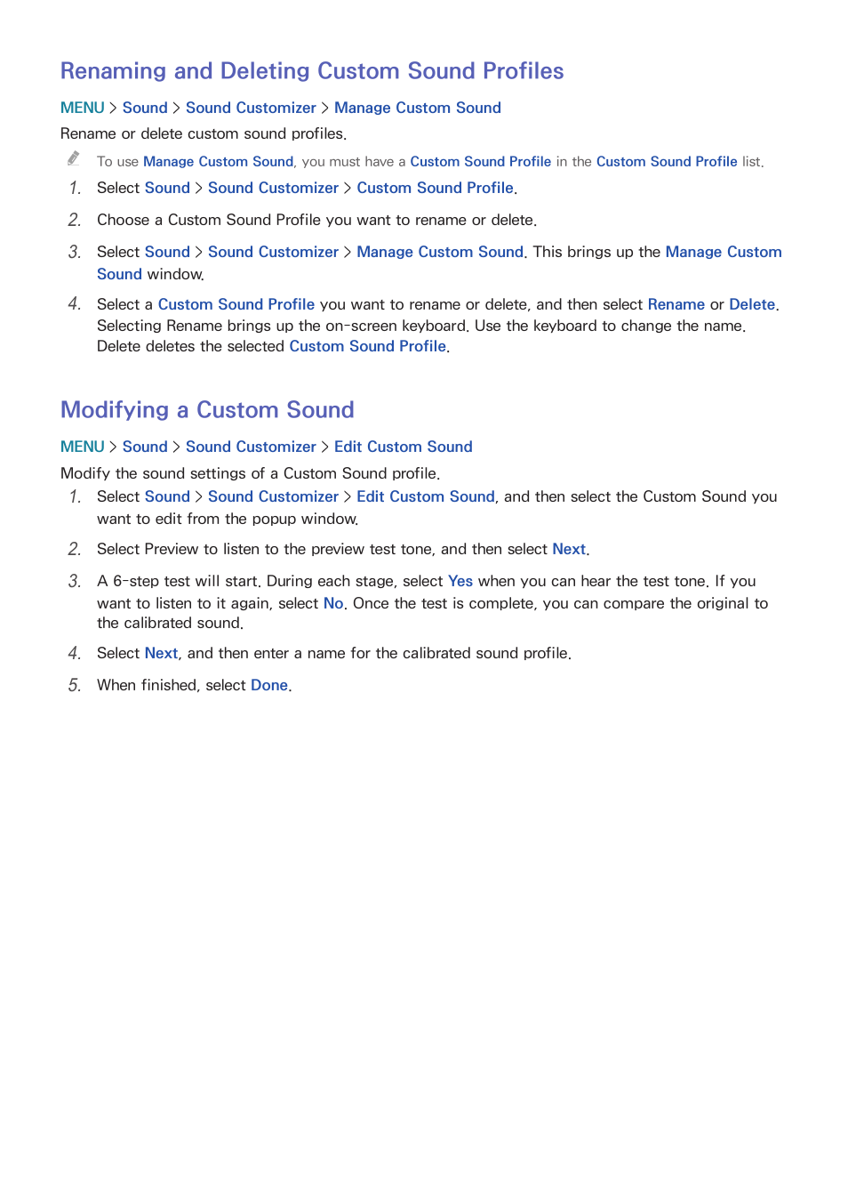 172 renaming and deleting custom sound profiles, 172 modifying a custom sound, Renaming and deleting custom sound profiles | Modifying a custom sound | Samsung UN78HU9000FXZA User Manual | Page 178 / 244