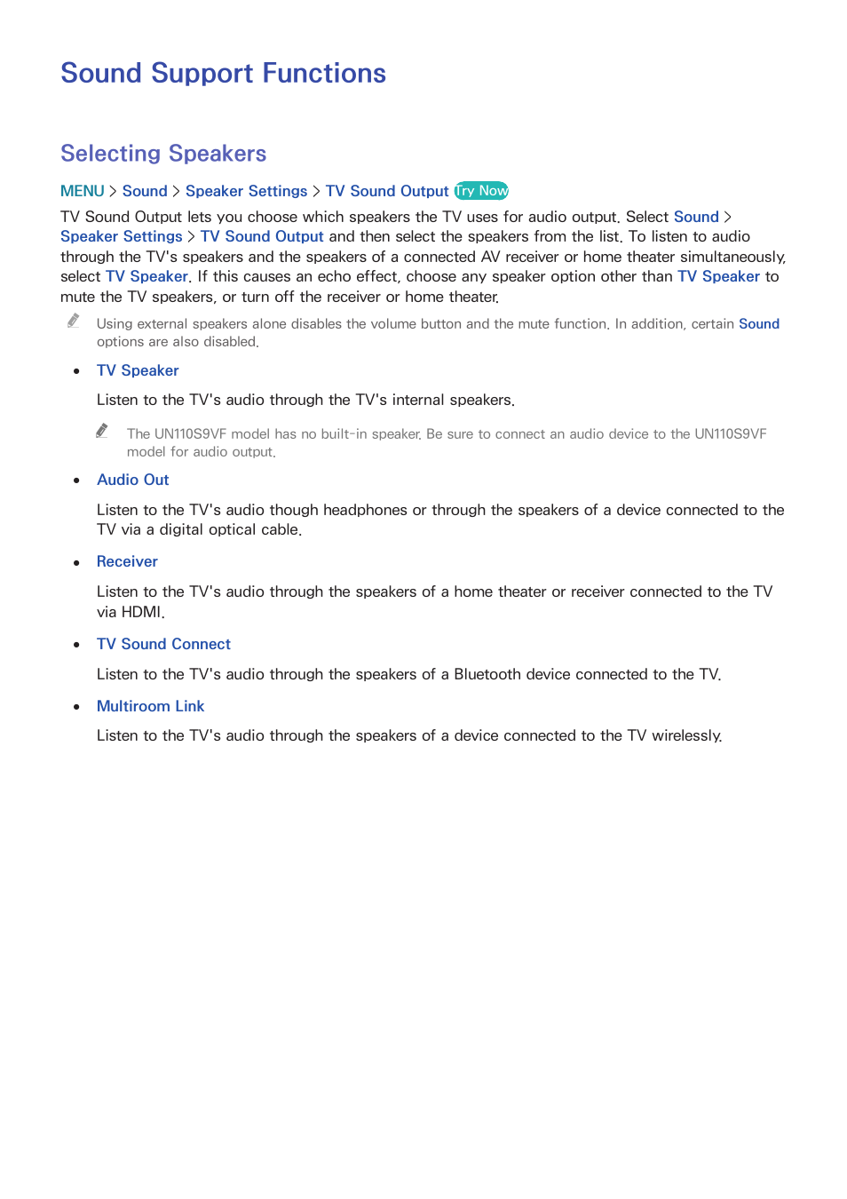 Sound support functions, 173 selecting speakers, Selecting speakers | Samsung UN78HU9000FXZA User Manual | Page 179 / 244