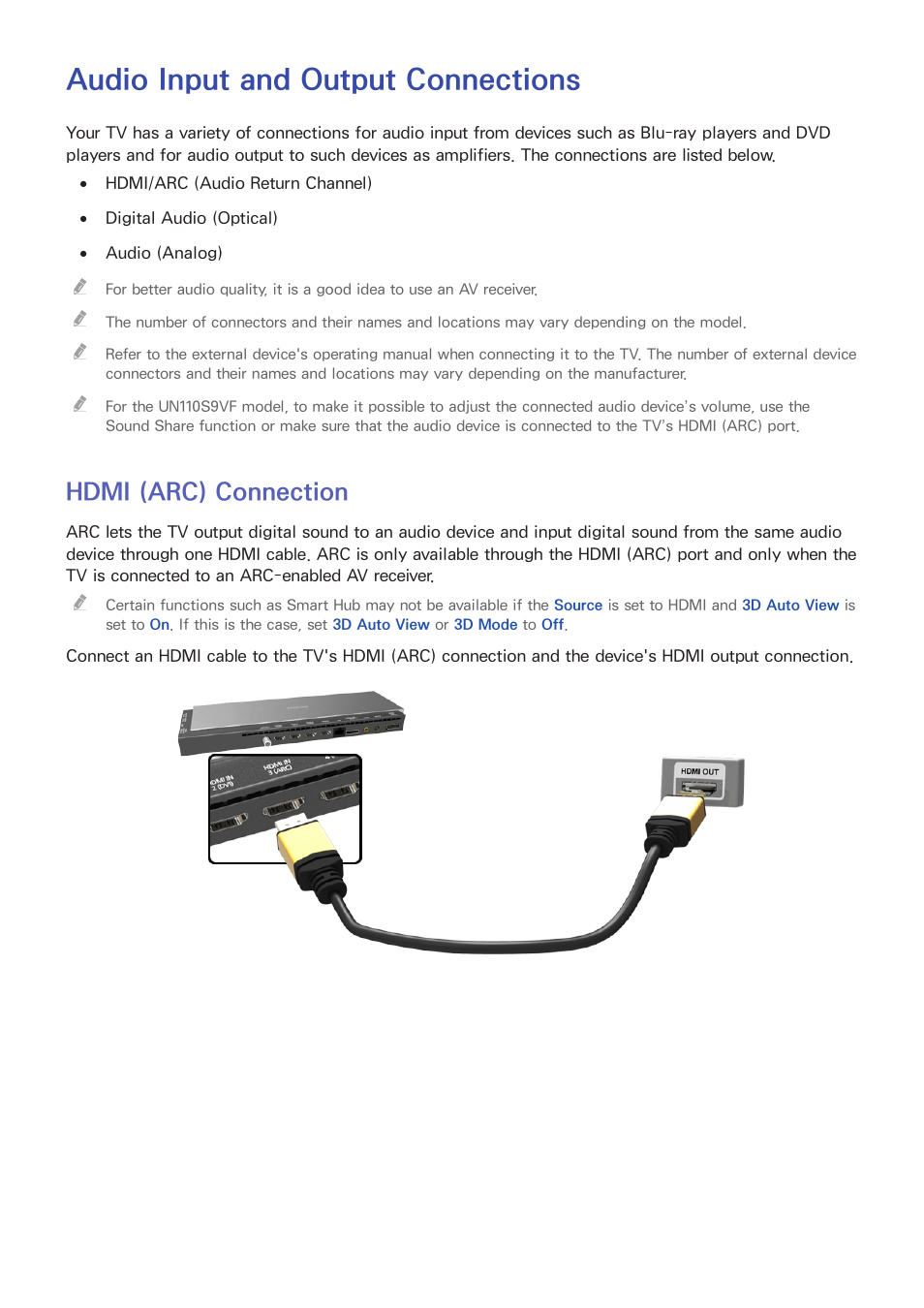 Audio input and output connections, Hdmi (arc) connection | Samsung UN78HU9000FXZA User Manual | Page 18 / 244
