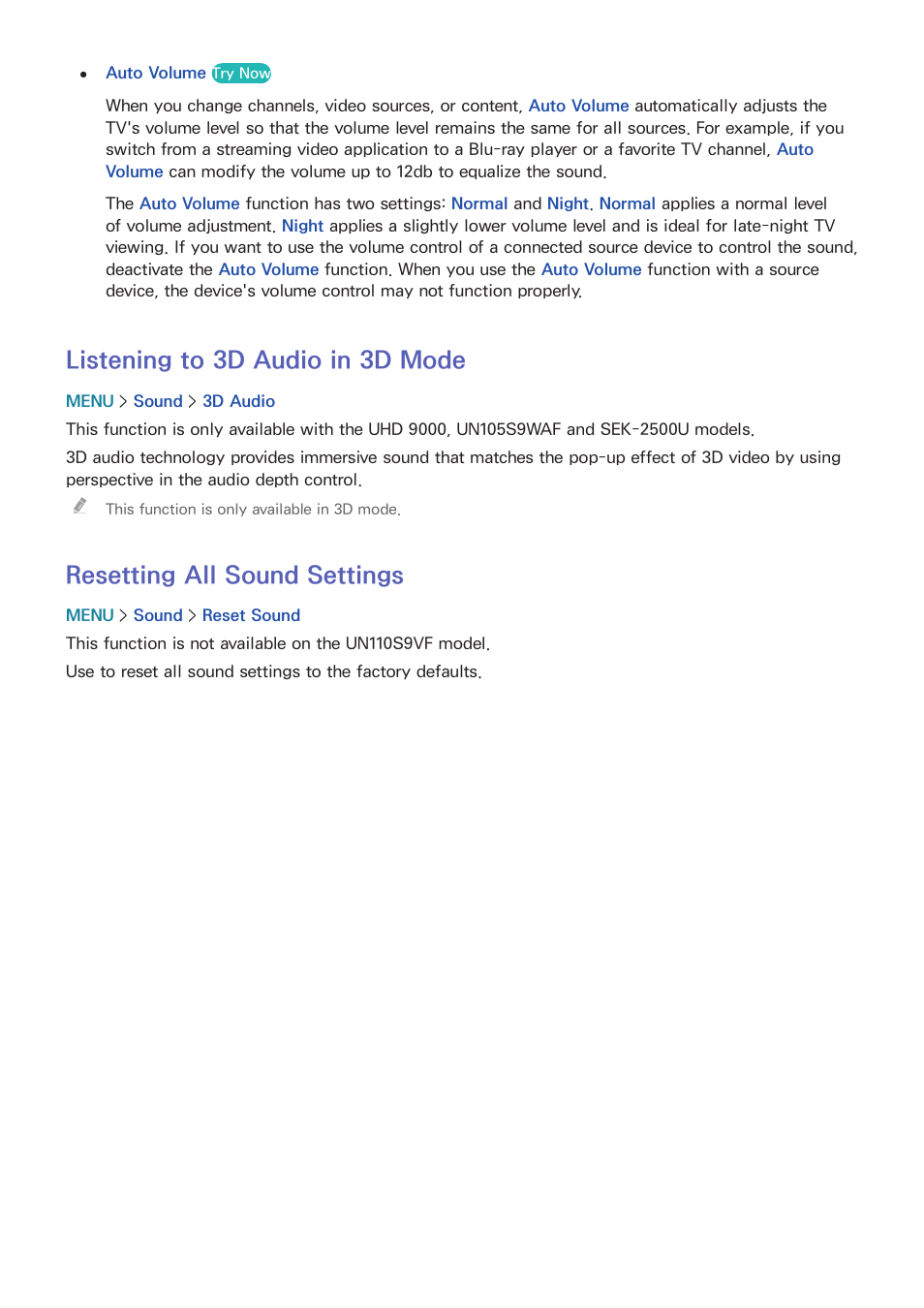 177 listening to 3d audio in 3d mode, 177 resetting all sound settings, Listening to 3d audio in 3d mode | Resetting all sound settings | Samsung UN78HU9000FXZA User Manual | Page 183 / 244