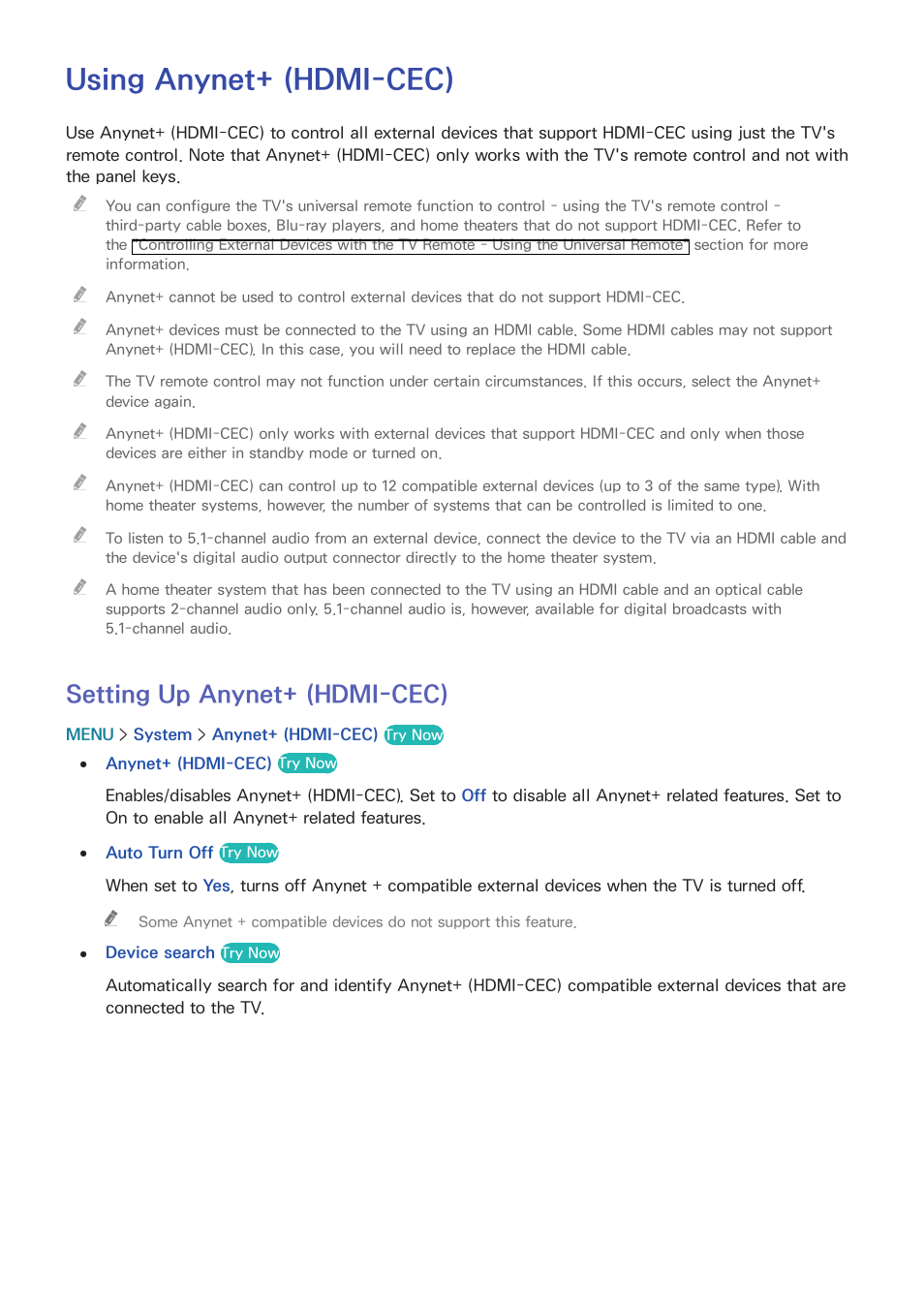 Using anynet+ (hdmi-cec), 183 setting up anynet+ (hdmi-cec), Setting up anynet+ (hdmi-cec) | Samsung UN78HU9000FXZA User Manual | Page 189 / 244
