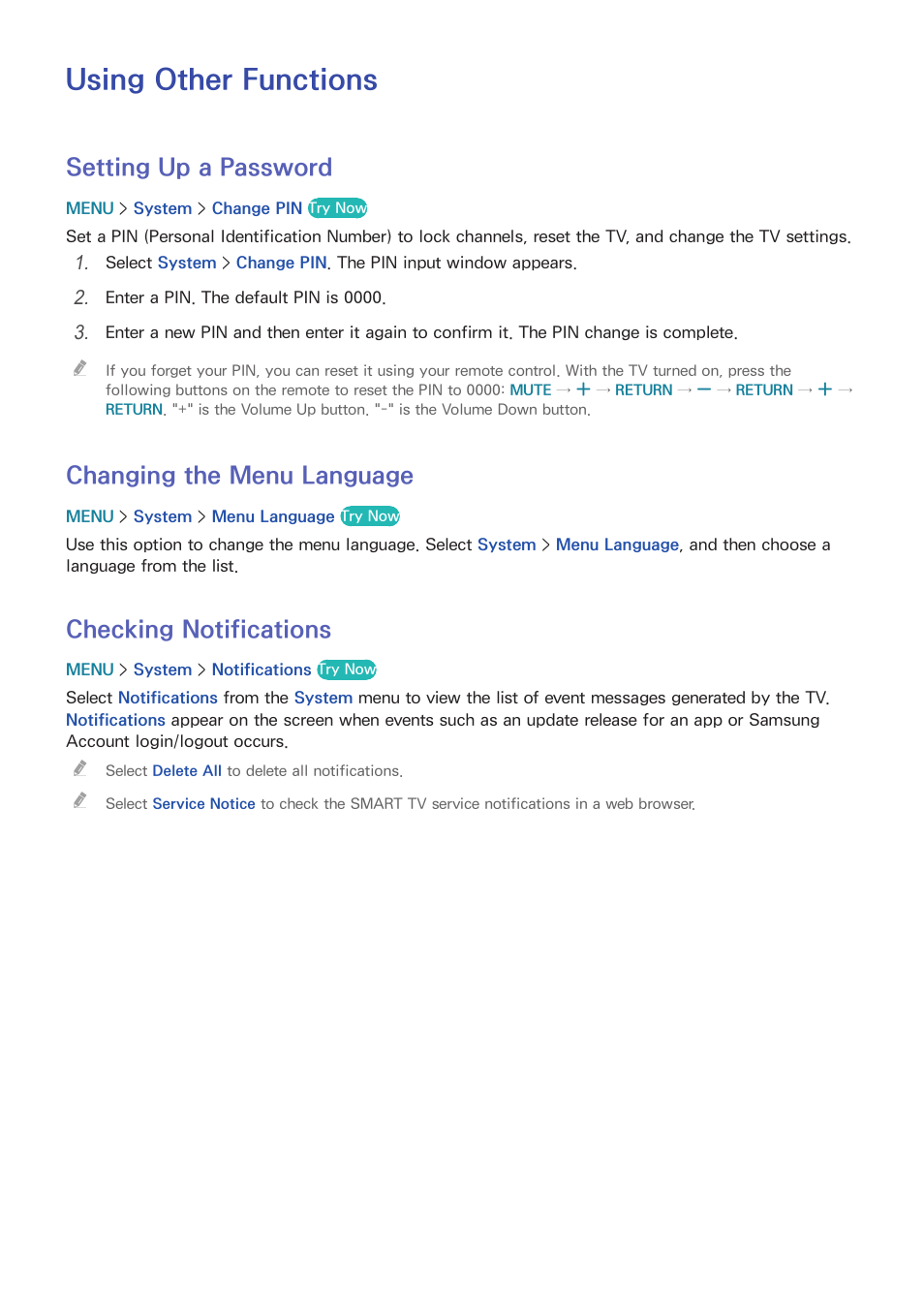 Using other functions, 189 setting up a password, 189 changing the menu language | 189 checking notifications, Setting up a password, Changing the menu language, Checking notifications | Samsung UN78HU9000FXZA User Manual | Page 195 / 244