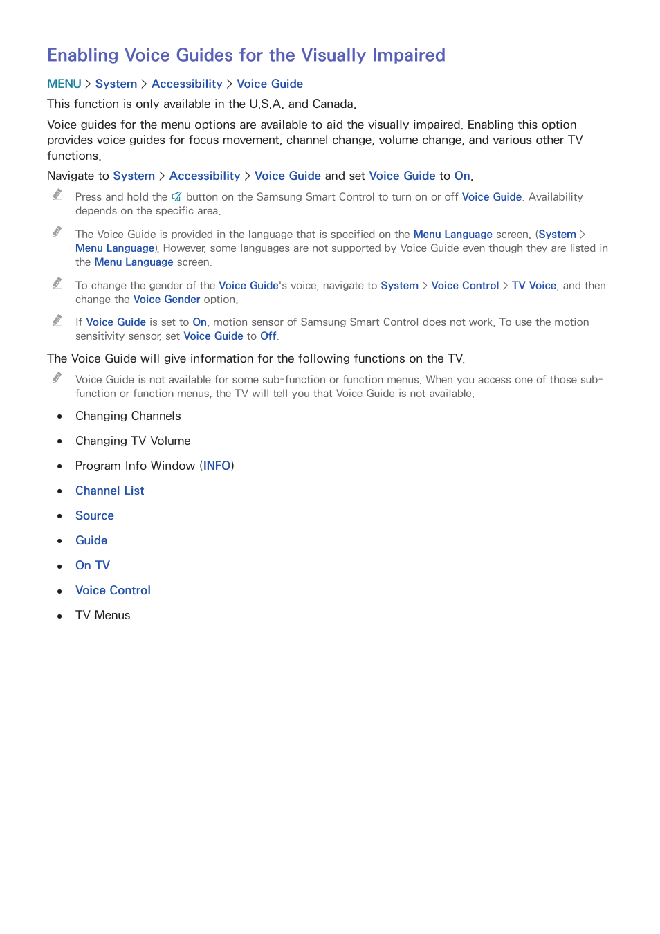 Enabling voice guides for the visually impaired | Samsung UN78HU9000FXZA User Manual | Page 196 / 244
