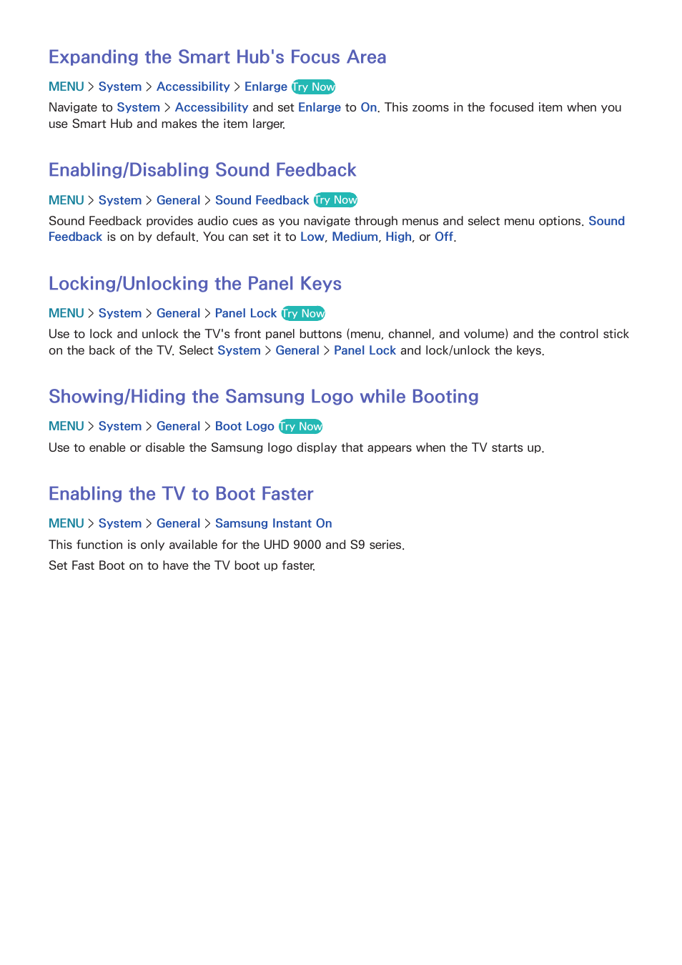 192 expanding the smart hub's focus area, 192 enabling/disabling sound feedback, 192 locking/unlocking the panel keys | 192 showing/hiding the samsung logo while booting, 192 enabling the tv to boot faster, Expanding the smart hub's focus area, Enabling/disabling sound feedback, Locking/unlocking the panel keys, Showing/hiding the samsung logo while booting, Enabling the tv to boot faster | Samsung UN78HU9000FXZA User Manual | Page 198 / 244