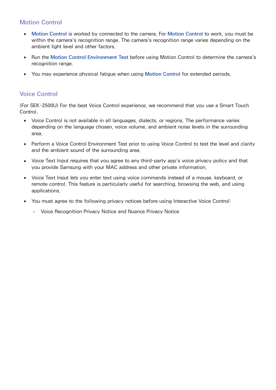 Motion control, Voice control | Samsung UN78HU9000FXZA User Manual | Page 225 / 244