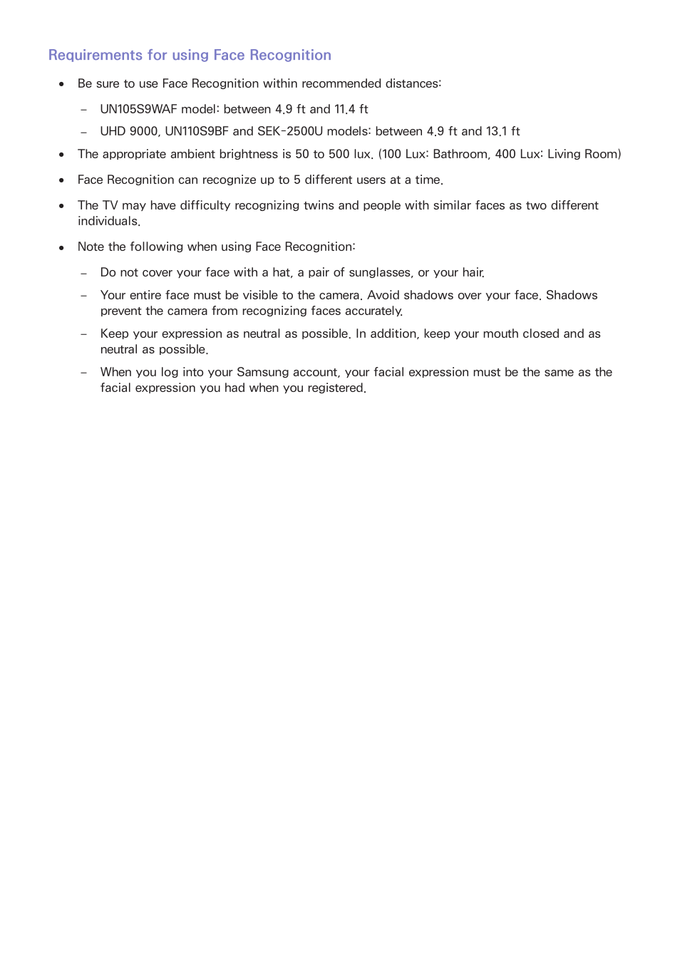 Requirements for using face recognition | Samsung UN78HU9000FXZA User Manual | Page 227 / 244