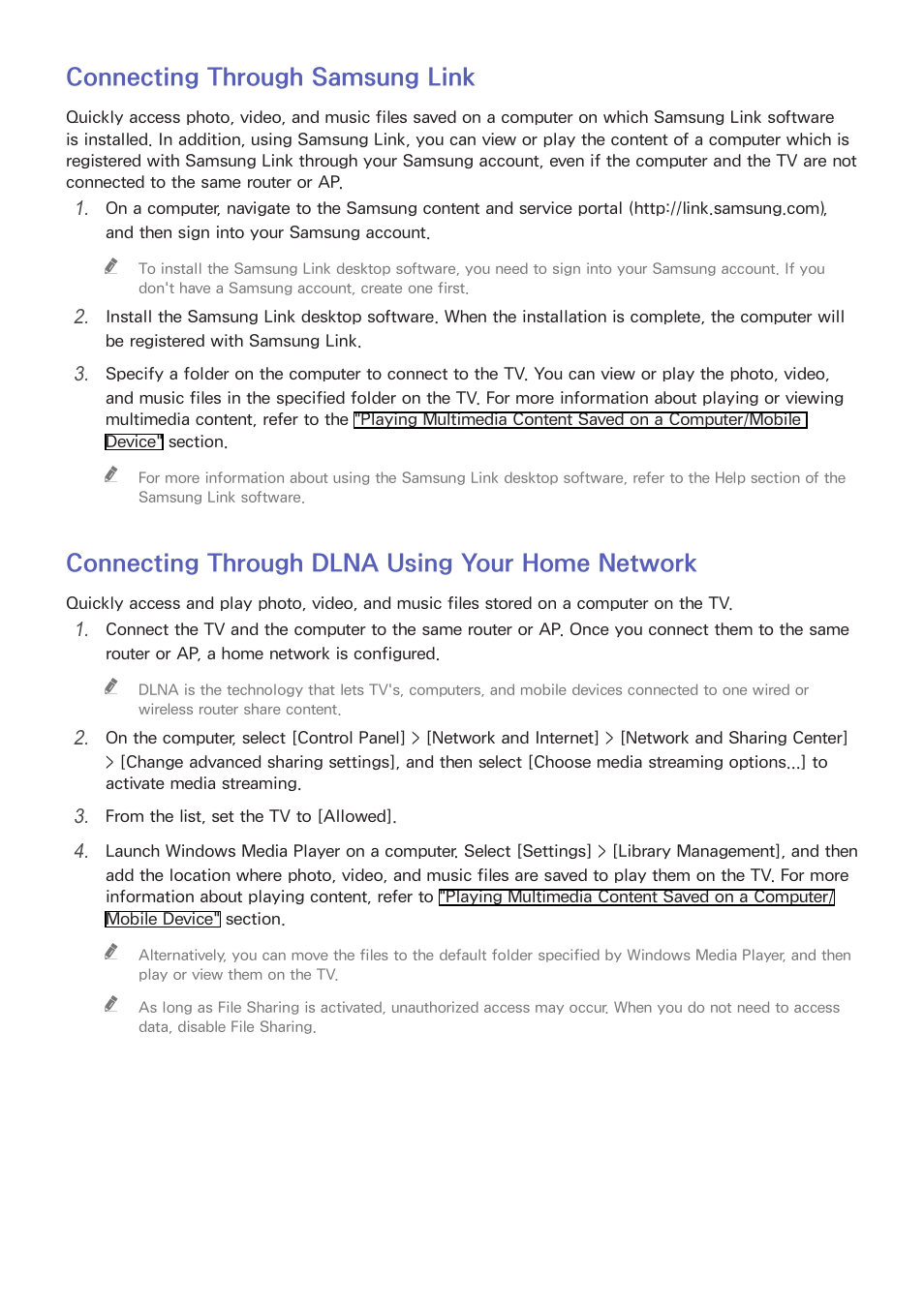 Connecting through samsung link, Connecting through dlna using your home network | Samsung UN78HU9000FXZA User Manual | Page 24 / 244