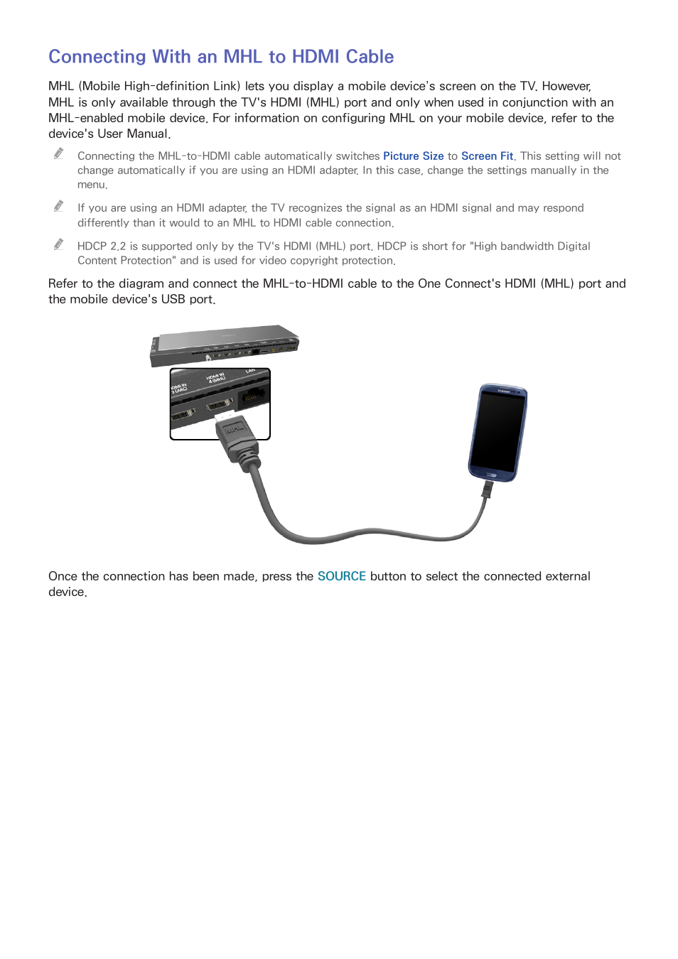 20 connecting with an mhl to hdmi cable, Connecting with an mhl to hdmi cable | Samsung UN78HU9000FXZA User Manual | Page 26 / 244