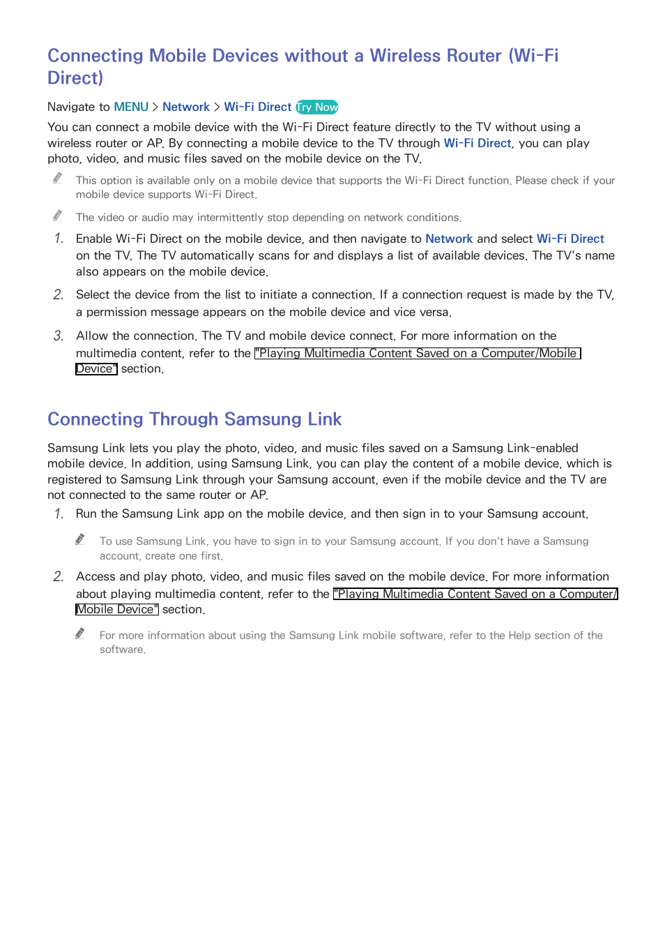 Wi-fi direct), 23 connecting through samsung link, Connecting through samsung link | Samsung UN78HU9000FXZA User Manual | Page 29 / 244