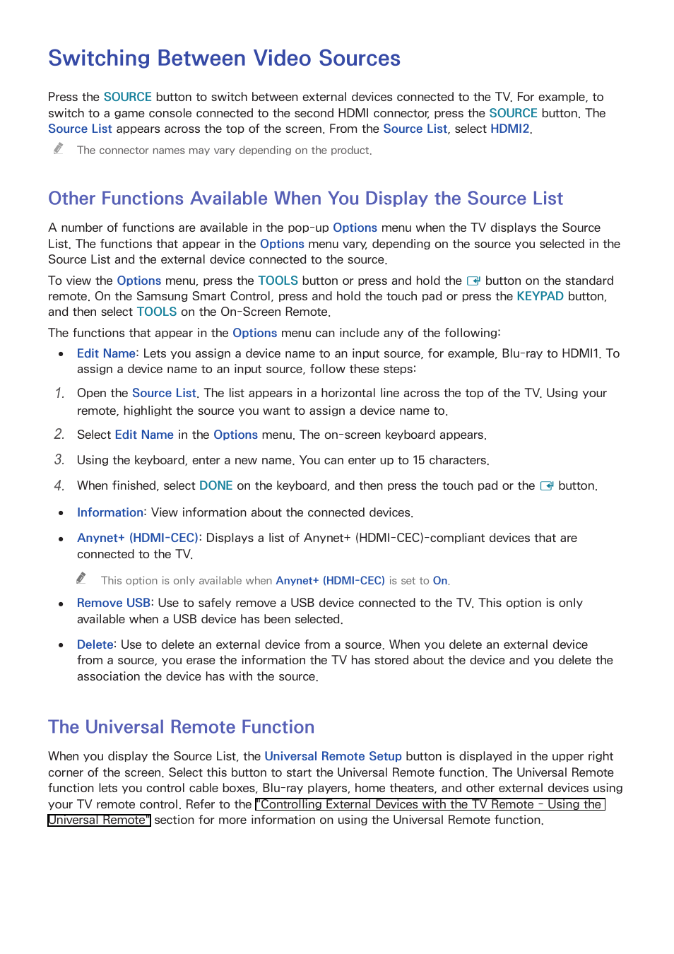 Switching between video sources, List, 25 the universal remote function | The universal remote function | Samsung UN78HU9000FXZA User Manual | Page 31 / 244