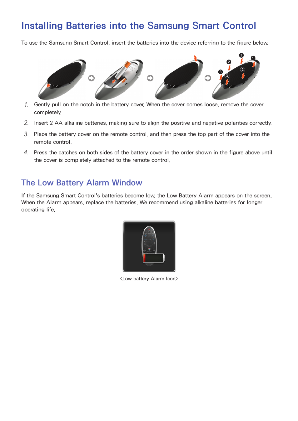 Using the remote control and peripherals, 26 the low battery alarm window, The low battery alarm window | Samsung UN78HU9000FXZA User Manual | Page 32 / 244