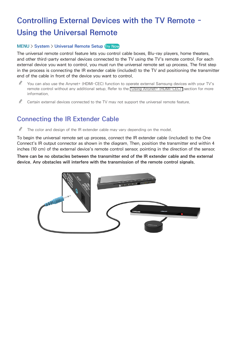 38 connecting the ir extender cable, Connecting the ir extender cable | Samsung UN78HU9000FXZA User Manual | Page 44 / 244