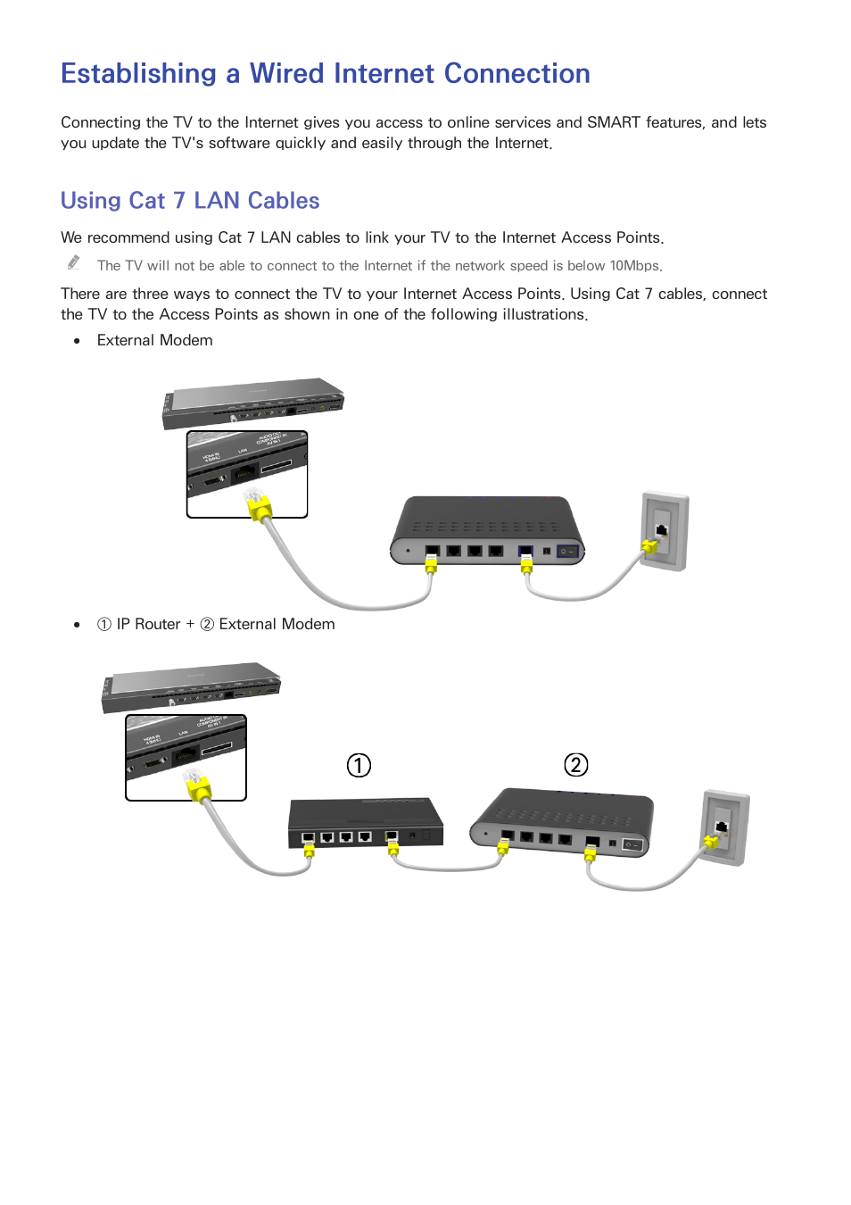 Internet connection, Establishing a wired internet connection, 46 using cat 7 lan cables | Using cat 7 lan cables | Samsung UN78HU9000FXZA User Manual | Page 52 / 244