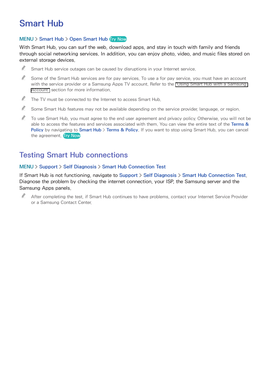 Smart hub, 58 testing smart hub connections, Testing smart hub connections | Samsung UN78HU9000FXZA User Manual | Page 64 / 244