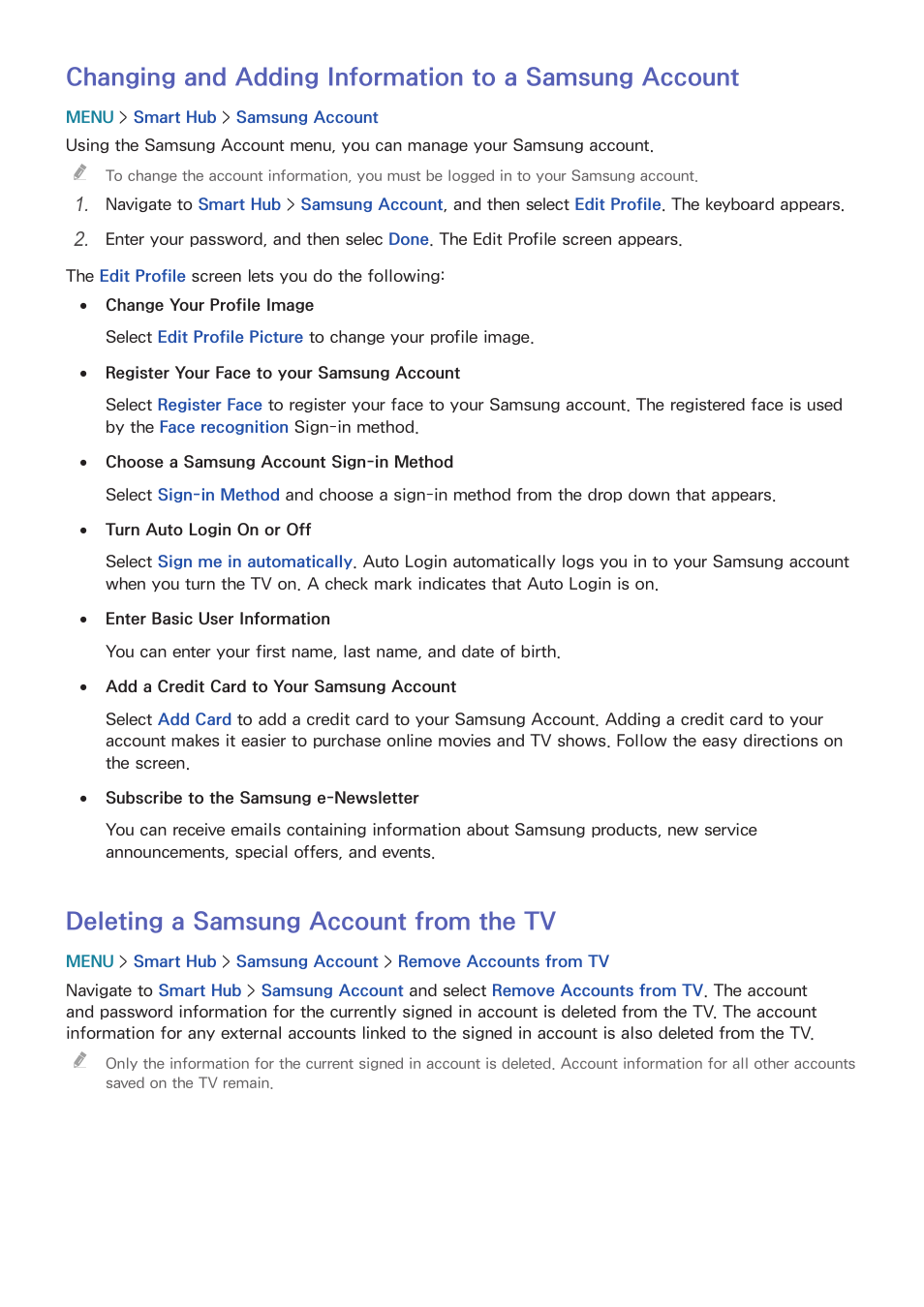 66 deleting a samsung account from the tv, Deleting a samsung account from the tv | Samsung UN78HU9000FXZA User Manual | Page 72 / 244
