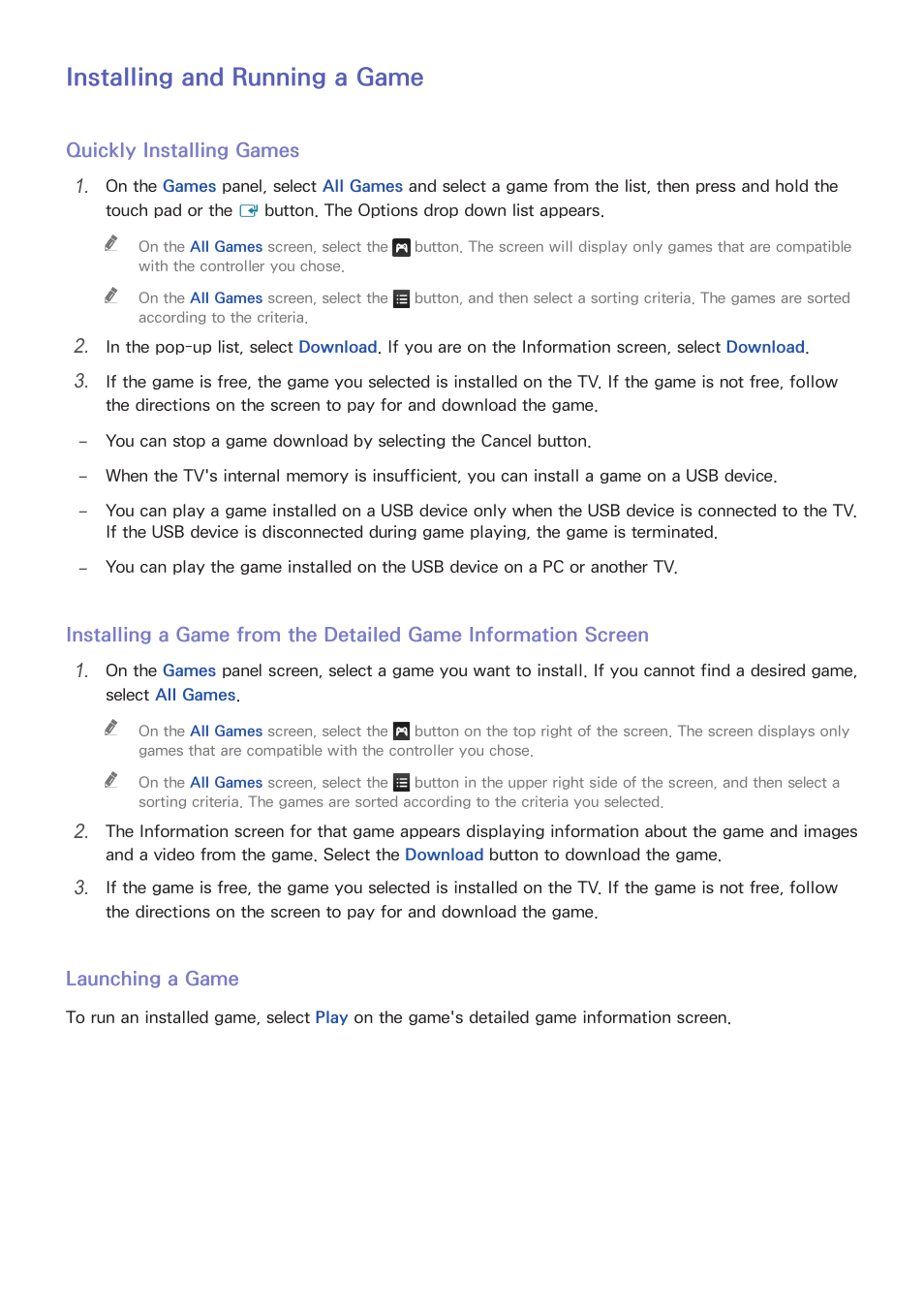 68 installing and running a game, Installing and running a game | Samsung UN78HU9000FXZA User Manual | Page 74 / 244