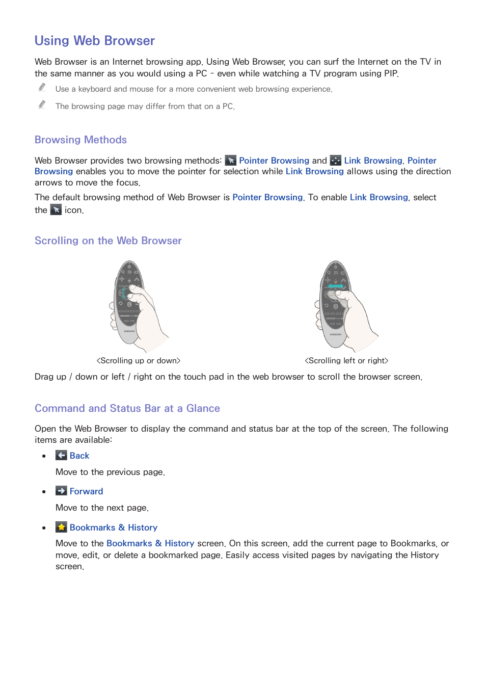 76 using, Web browser, Using web browser | Samsung UN78HU9000FXZA User Manual | Page 82 / 244