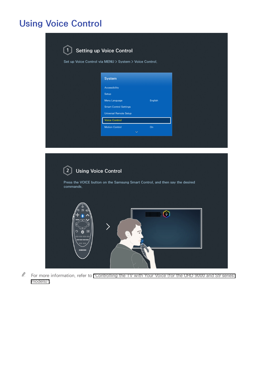 Using voice control, Setting up voice control | Samsung UN78HU9000FXZA User Manual | Page 9 / 244