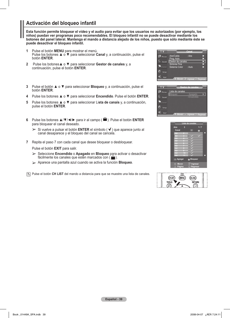 Activación del bloqueo infantil, Si vuelve a pulsar el botón enter el símbolo | Samsung PL50A450P1XZP User Manual | Page 101 / 123