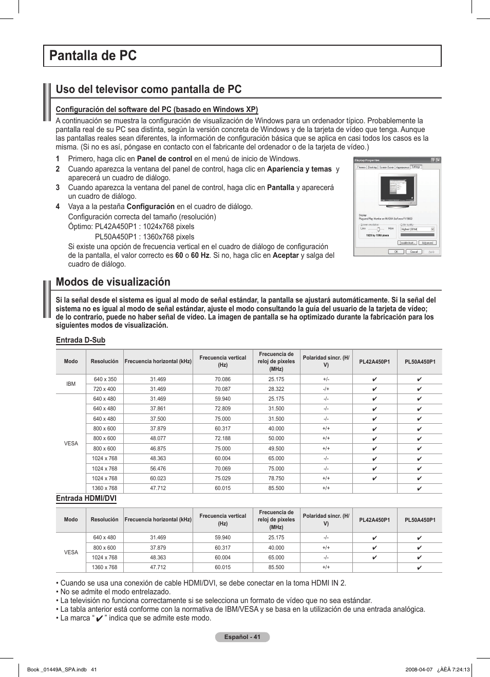 Pantalla de pc, Uso del televisor como pantalla de pc, Modos de visualización | Samsung PL50A450P1XZP User Manual | Page 103 / 123