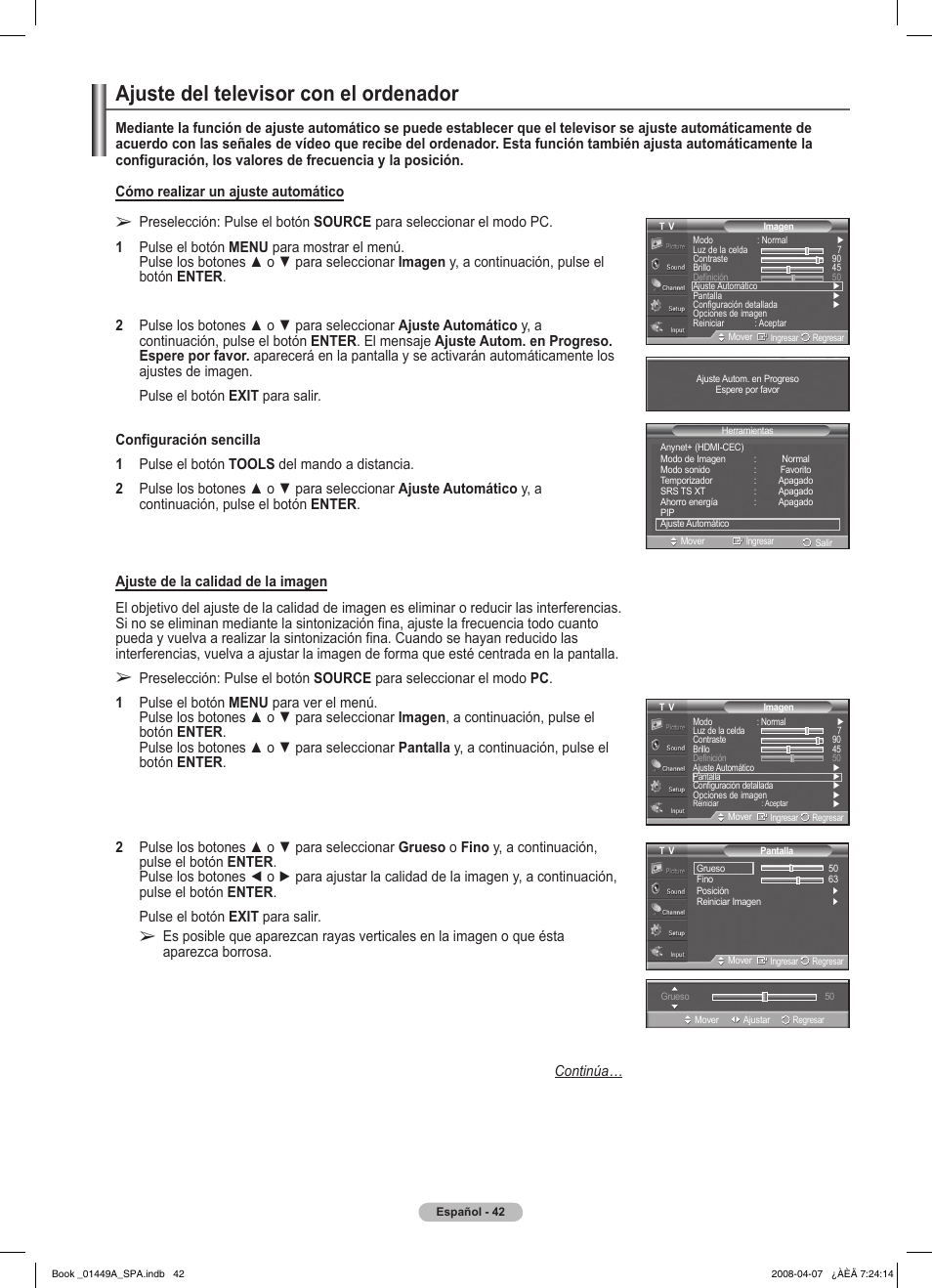 Ajuste del televisor con el ordenador | Samsung PL50A450P1XZP User Manual | Page 104 / 123