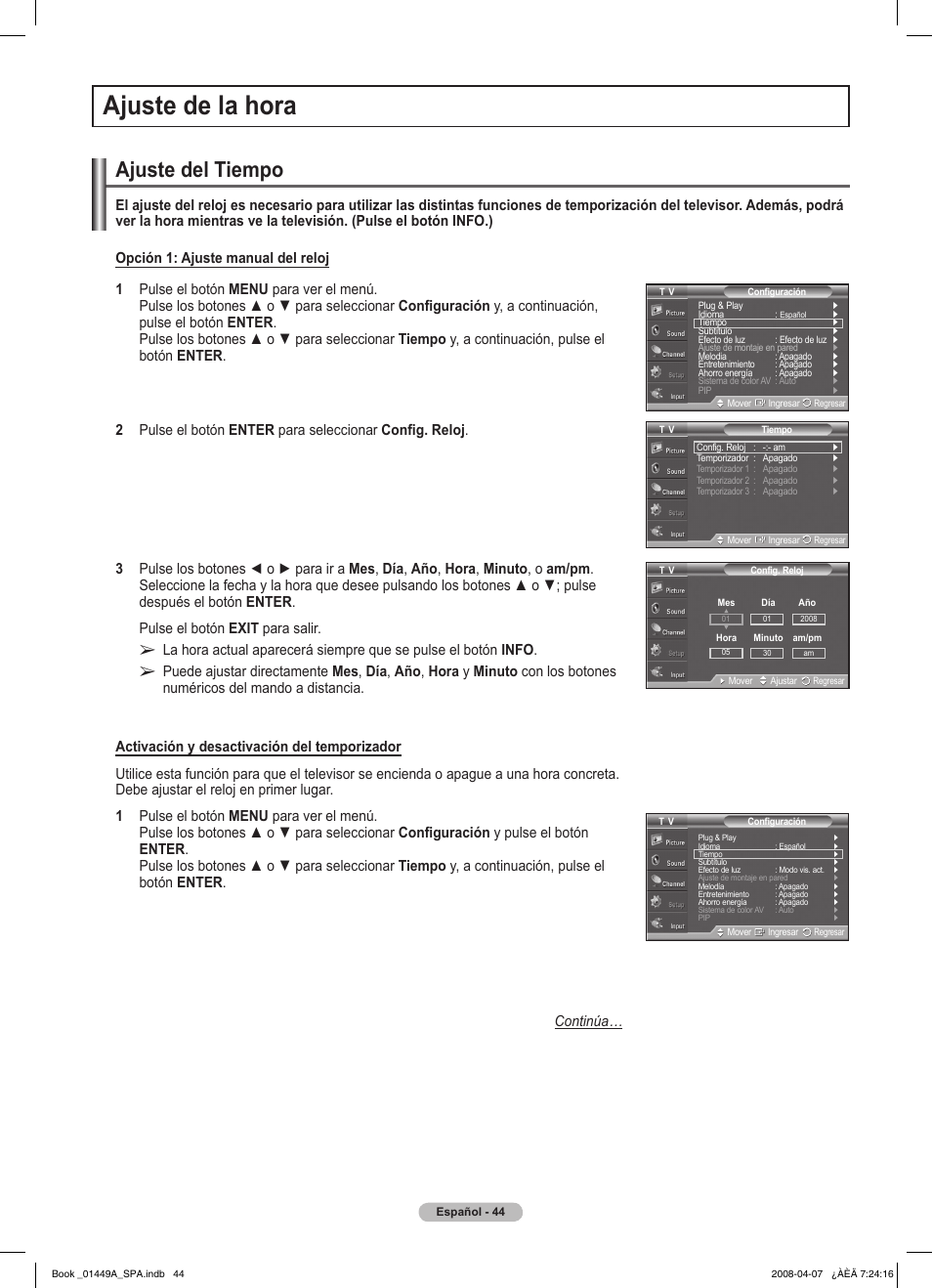 Ajuste de la hora, Ajuste del tiempo | Samsung PL50A450P1XZP User Manual | Page 106 / 123