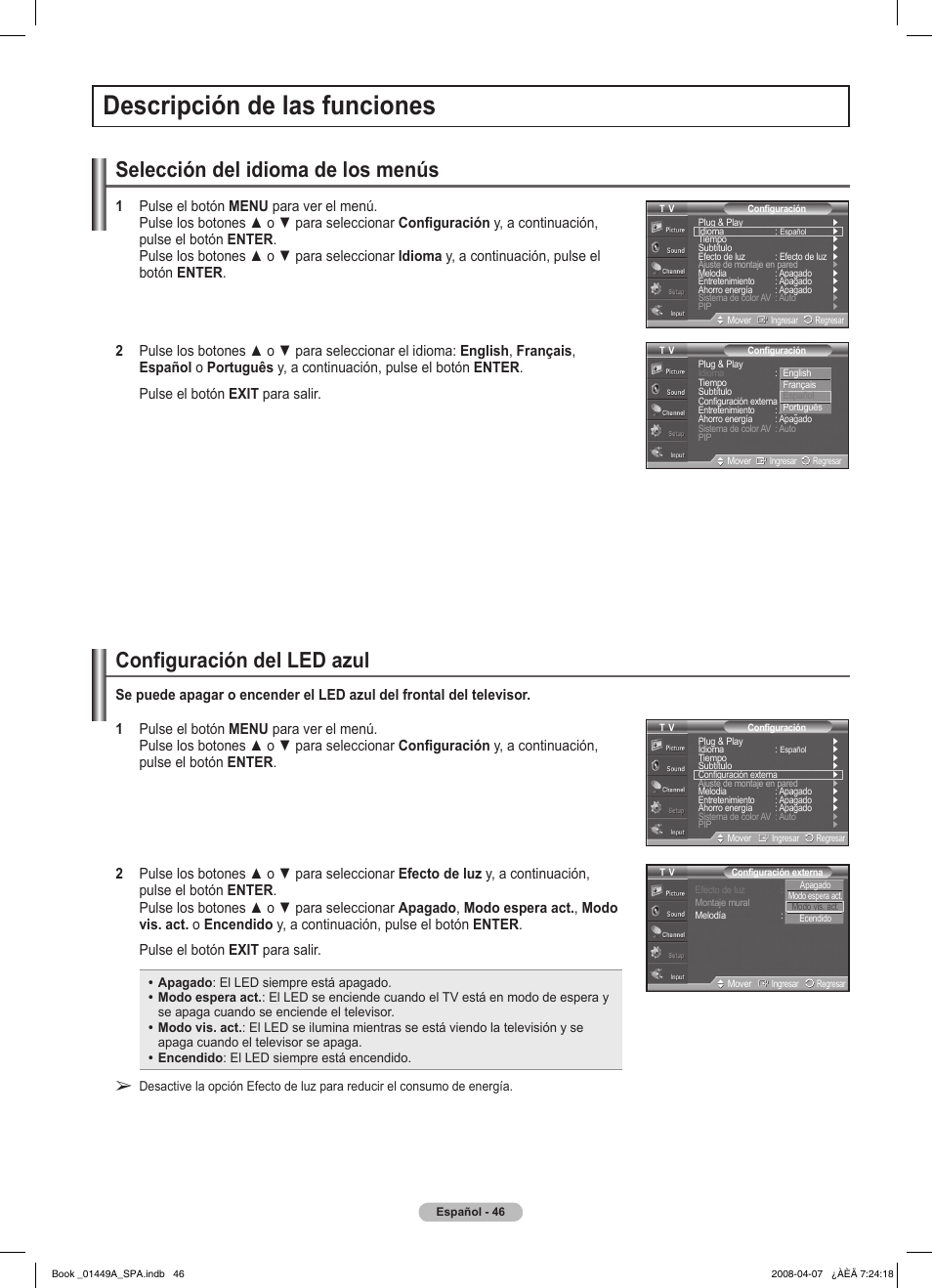 Descripción de las funciones, Selección del idioma de los menús, Configuración del led azul | Samsung PL50A450P1XZP User Manual | Page 108 / 123