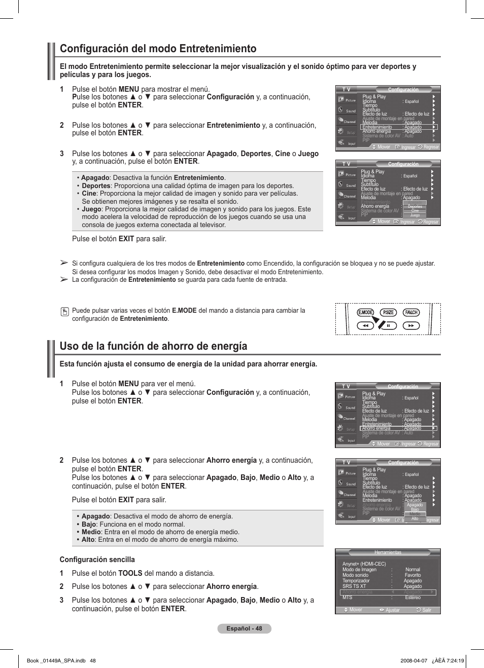 Configuración del modo entretenimiento, Uso de la función de ahorro de energía, Pulse el botón exit para salir | Samsung PL50A450P1XZP User Manual | Page 110 / 123