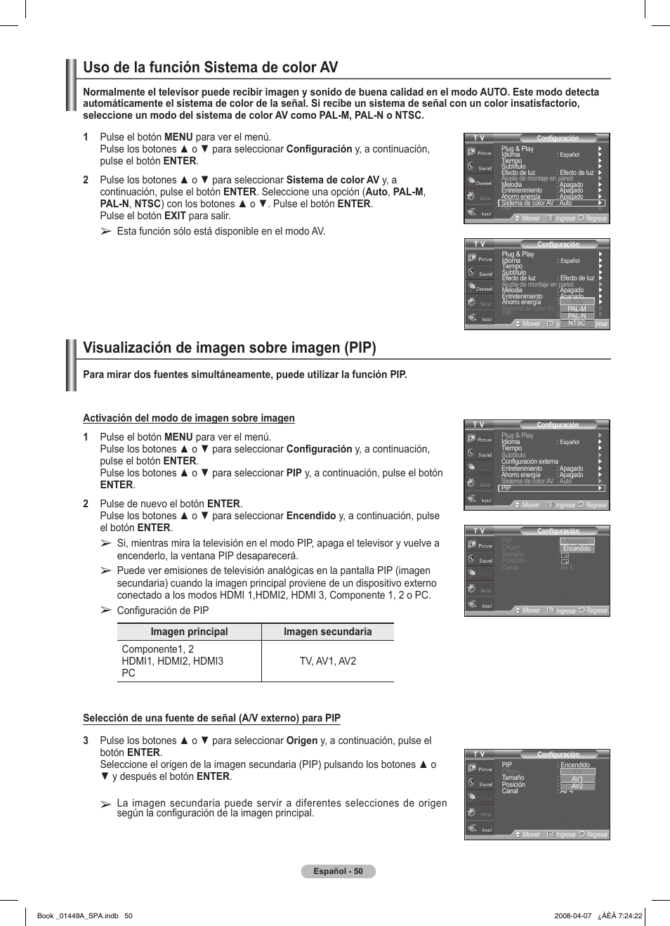 Visualización de imagen sobre imagen (pip), Uso de la función sistema de color av, Esta función sólo está disponible en el modo av | Samsung PL50A450P1XZP User Manual | Page 112 / 123