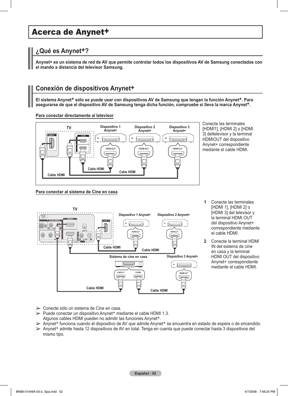 Acerca de anynet, Qué es anynet, Conexión de dispositivos anynet | Samsung PL50A450P1XZP User Manual | Page 114 / 123