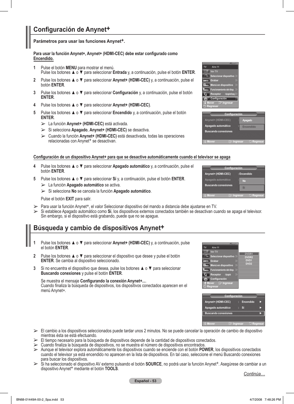 Configuración de anynet, Búsqueda y cambio de dispositivos anynet | Samsung PL50A450P1XZP User Manual | Page 115 / 123
