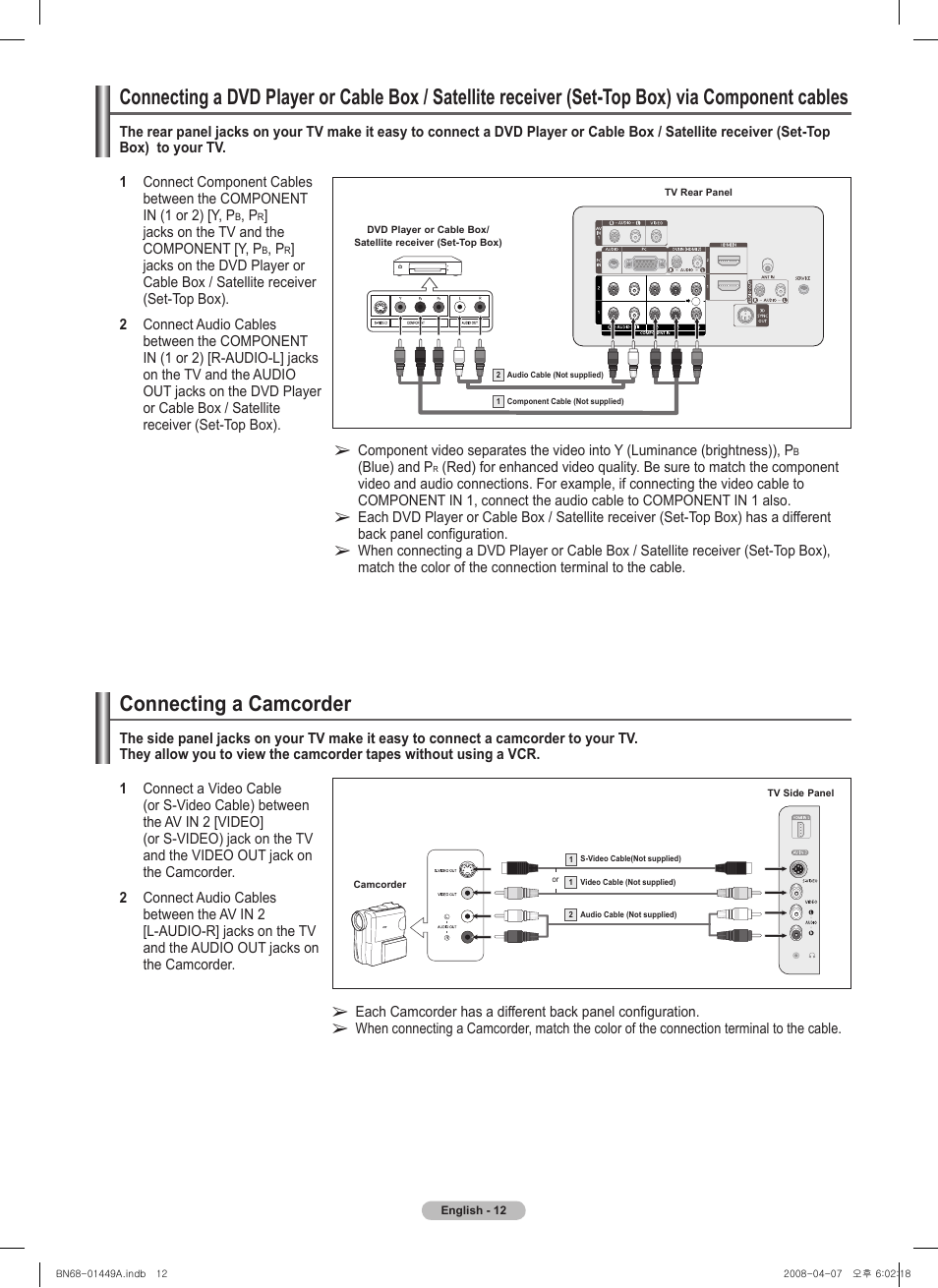 Connecting a camcorder | Samsung PL50A450P1XZP User Manual | Page 12 / 123