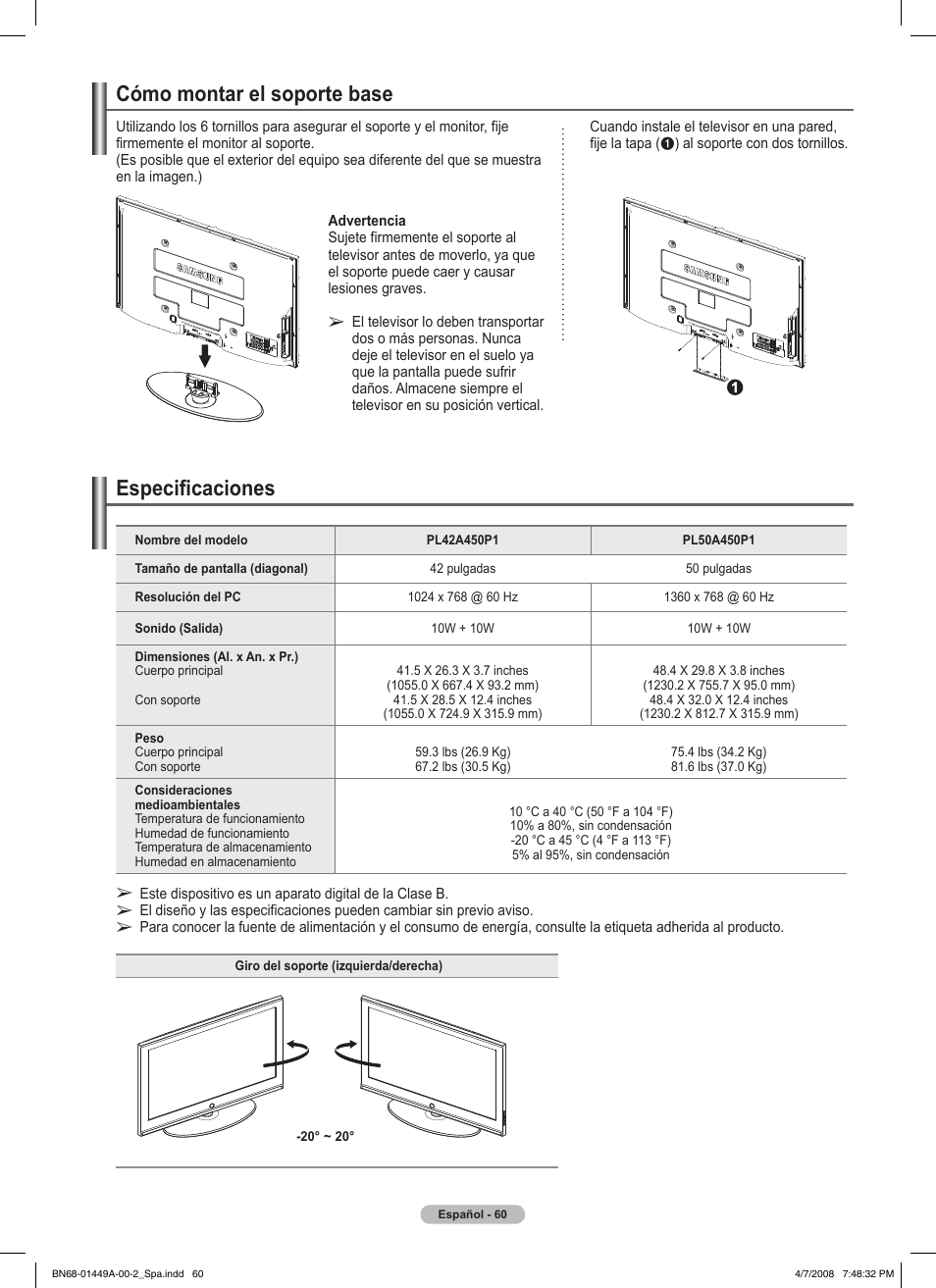 Esta página se ha dejado en blanco expresamente, Cómo montar el soporte base, Especificaciones | Samsung PL50A450P1XZP User Manual | Page 122 / 123