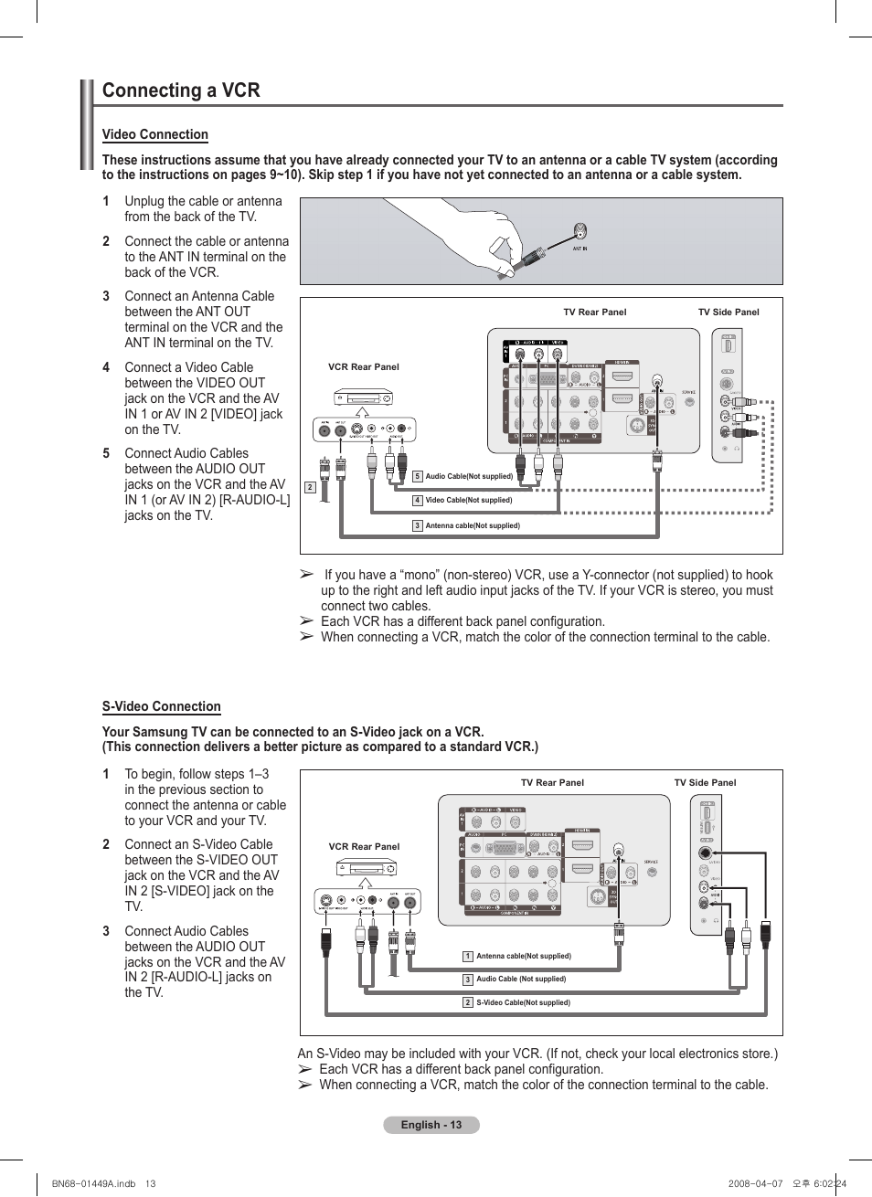 Connecting a vcr | Samsung PL50A450P1XZP User Manual | Page 13 / 123