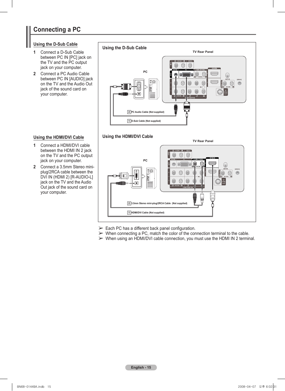 Connecting a pc | Samsung PL50A450P1XZP User Manual | Page 15 / 123