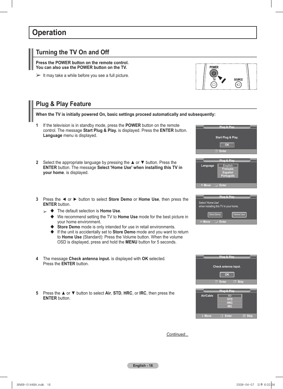Operation, Turning the tv on and off, Plug & play feature | Samsung PL50A450P1XZP User Manual | Page 16 / 123