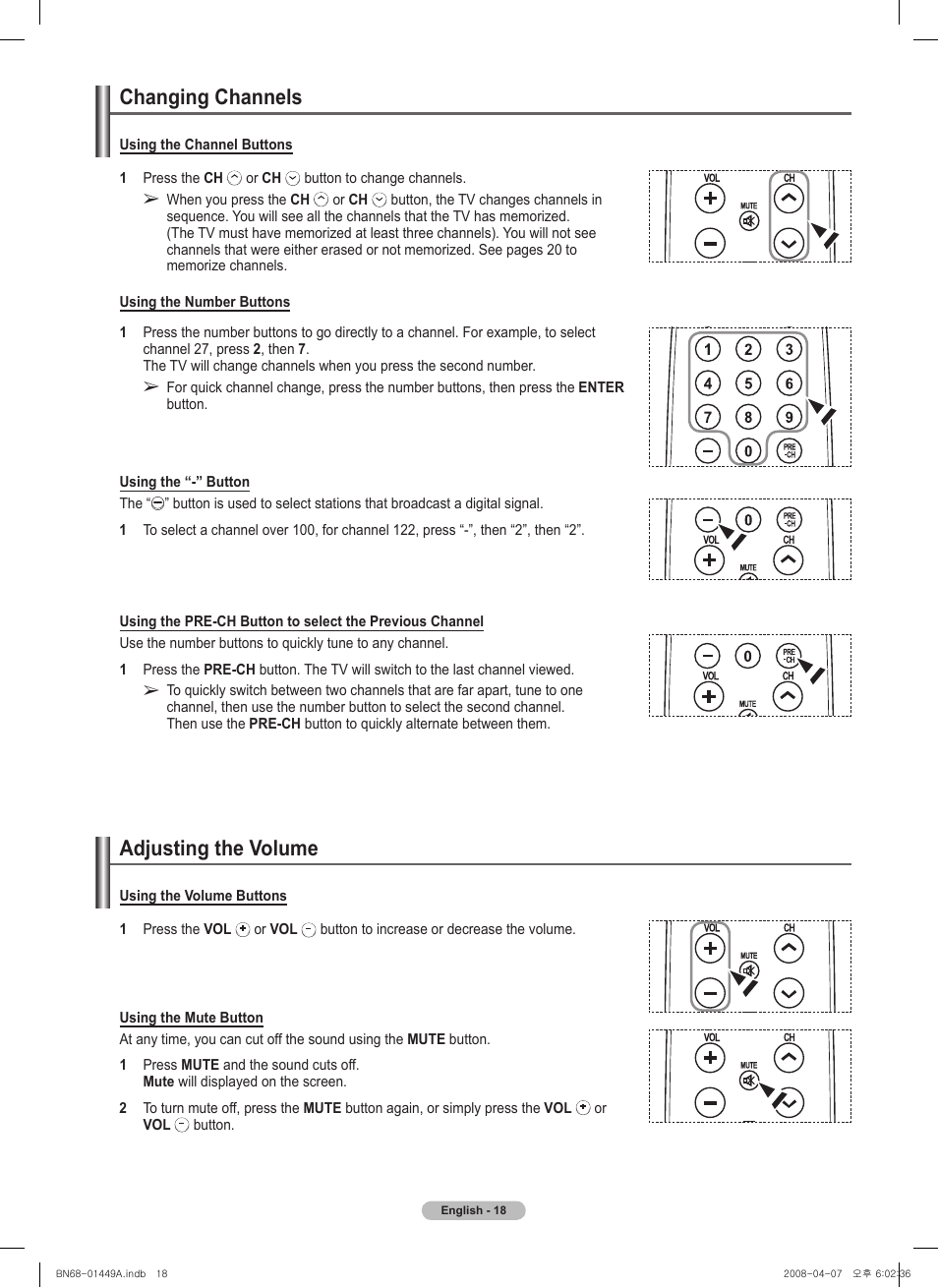 Changing channels, Adjusting the volume | Samsung PL50A450P1XZP User Manual | Page 18 / 123
