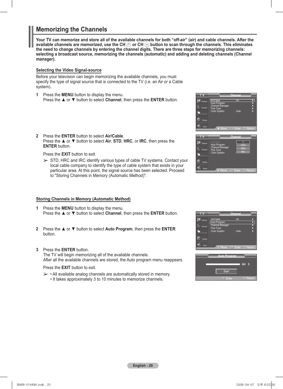 Memorizing the channels | Samsung PL50A450P1XZP User Manual | Page 20 / 123
